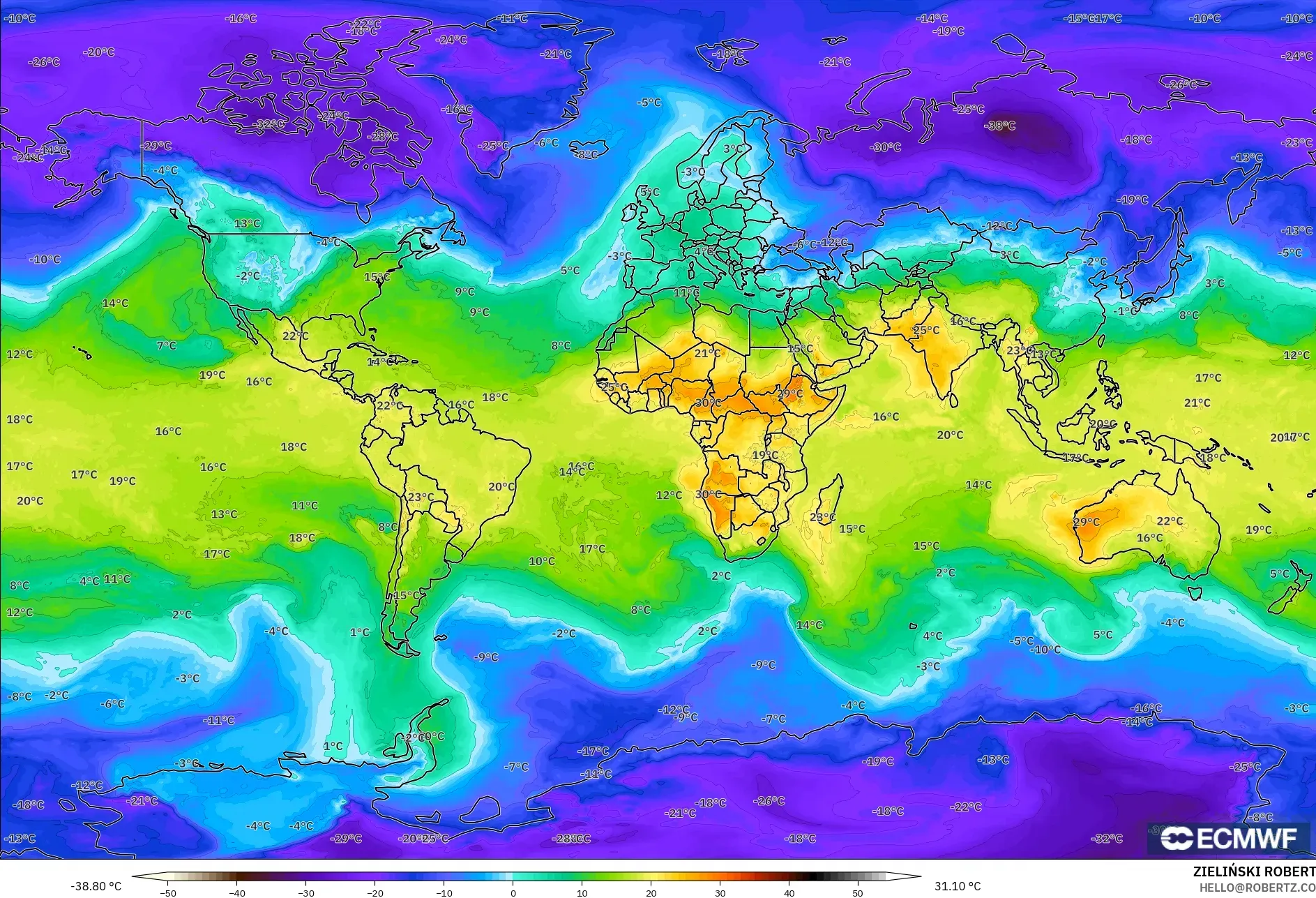 ECMWF IFS 0.25° model - World, Temperature at 850hPa