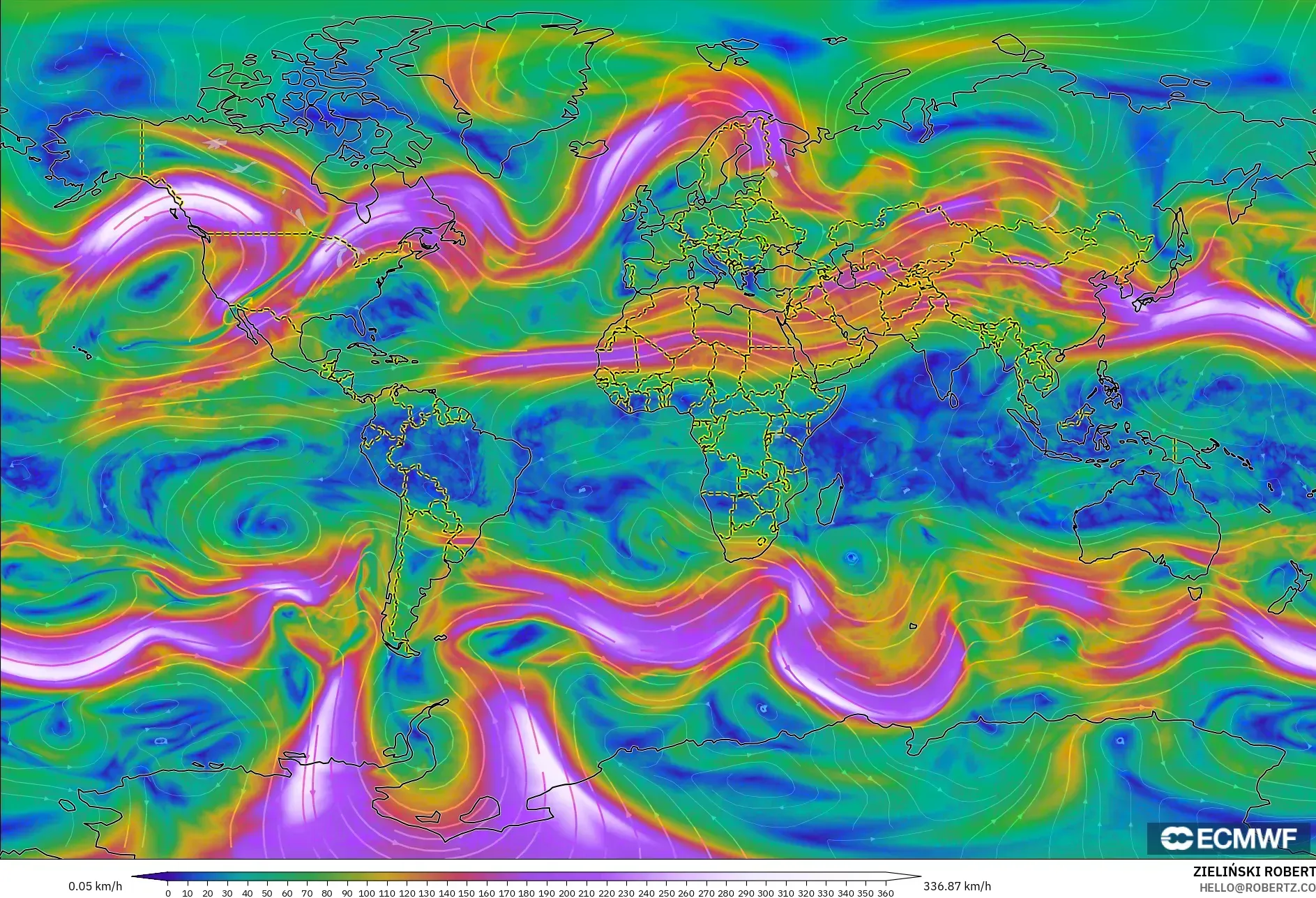 ECMWF IFS 0.25° model - World, Wind at 300hPa (jet stream)
