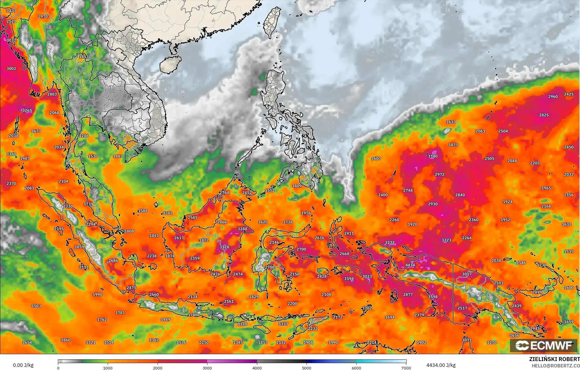 ECMWF IFS 0.25° model - South East Asia, CAPE