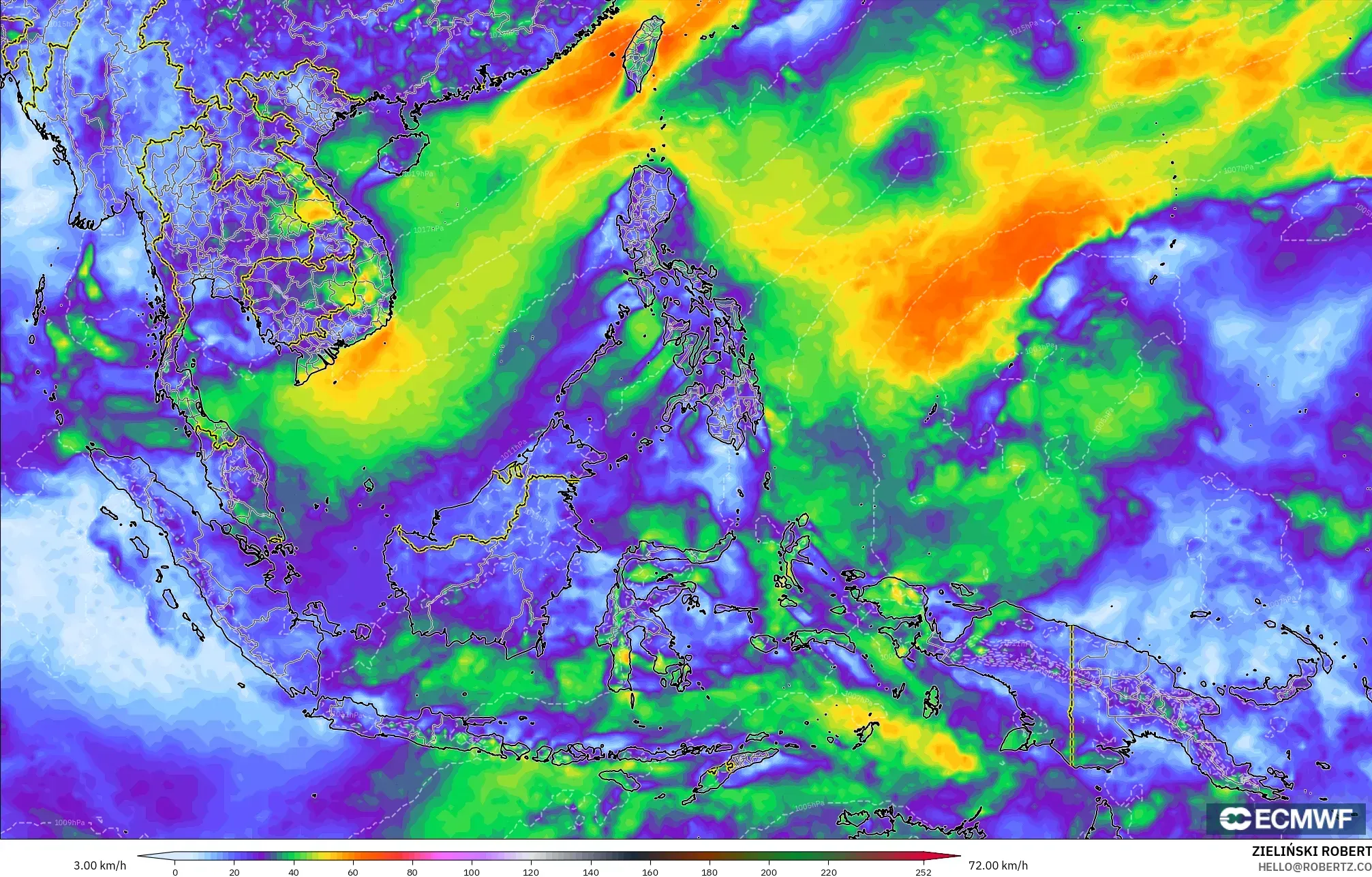 ECMWF IFS 0.25° model - South East Asia, Wind Gusts Peak