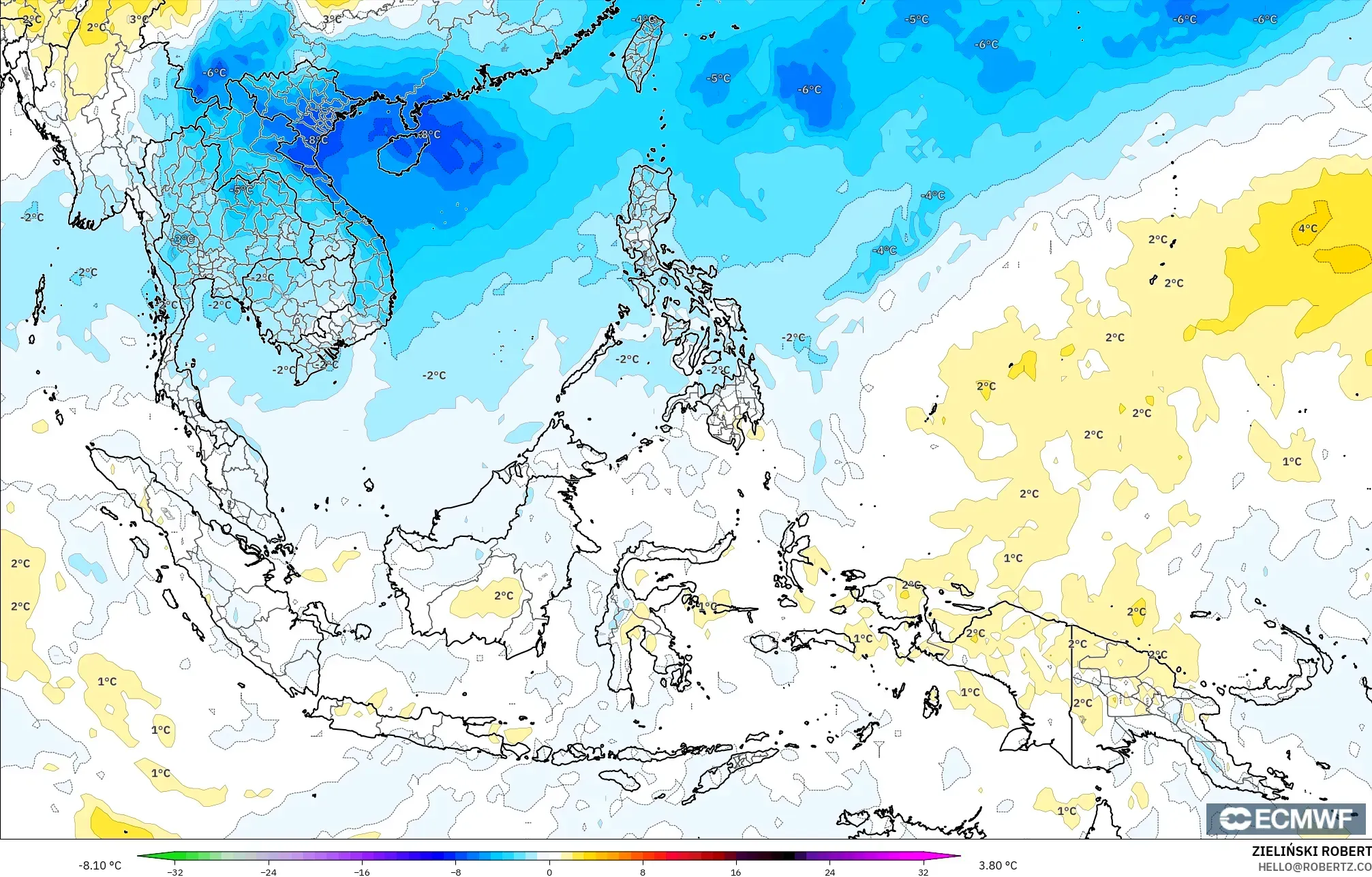 ECMWF IFS 0.25° model - South East Asia, Temperature at 850hPa Anomaly