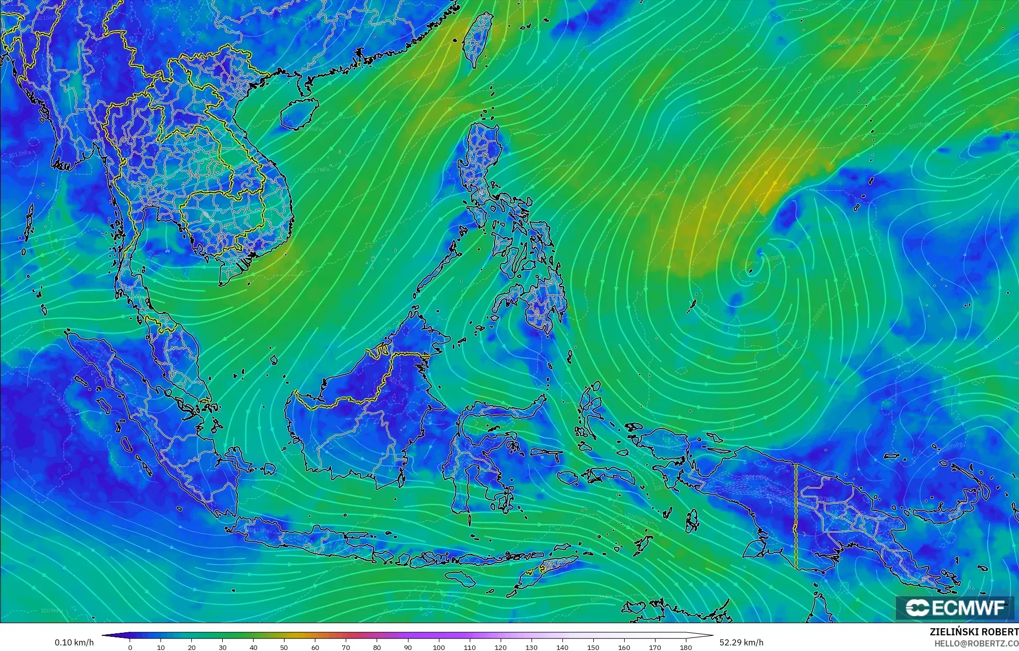 ECMWF IFS 0.25° model - South East Asia, Wind at 10m