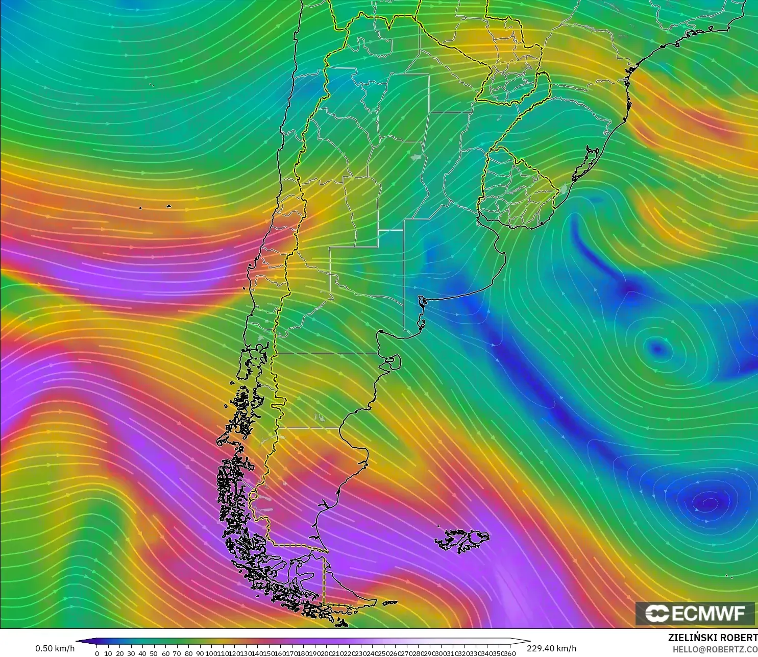 ECMWF IFS 0.25° model - Argentina, Wind at 300hPa (jet stream)