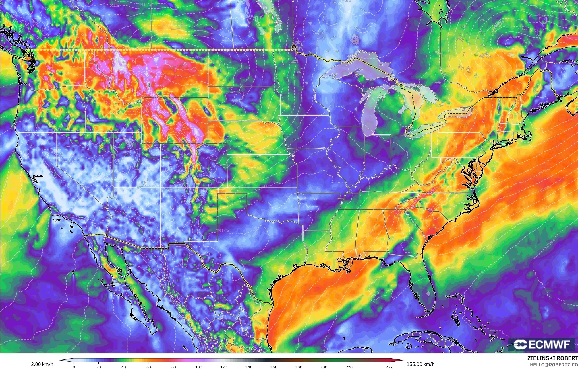ECMWF IFS 0.25° model - United States, Wind Gusts Peak