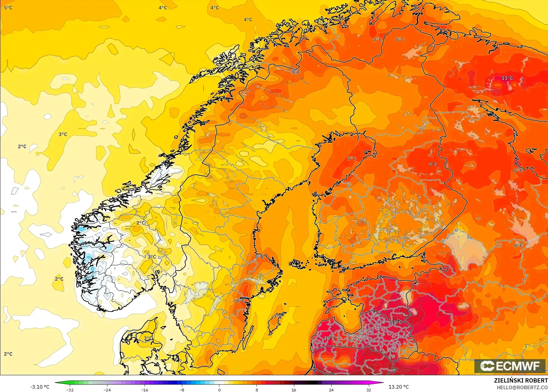 ECMWF IFS 0.25° model - Scandinavia, Temperature at 2m Anomaly
