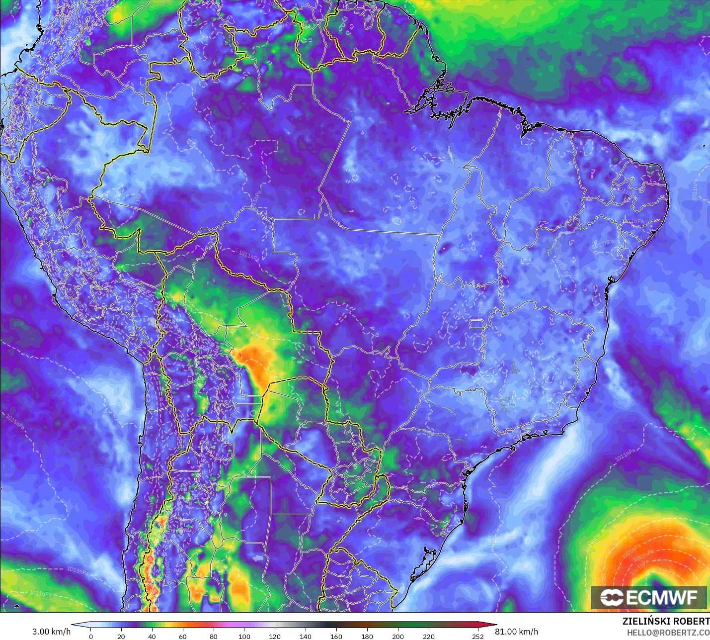 ECMWF IFS 0.25° model - Brazil, Wind Gusts Peak