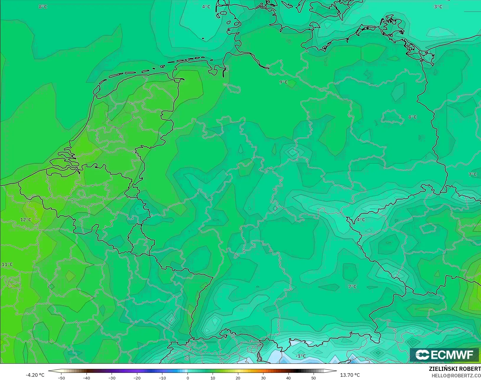 ECMWF IFS 0.25° model - Germany, Temperature at 2m