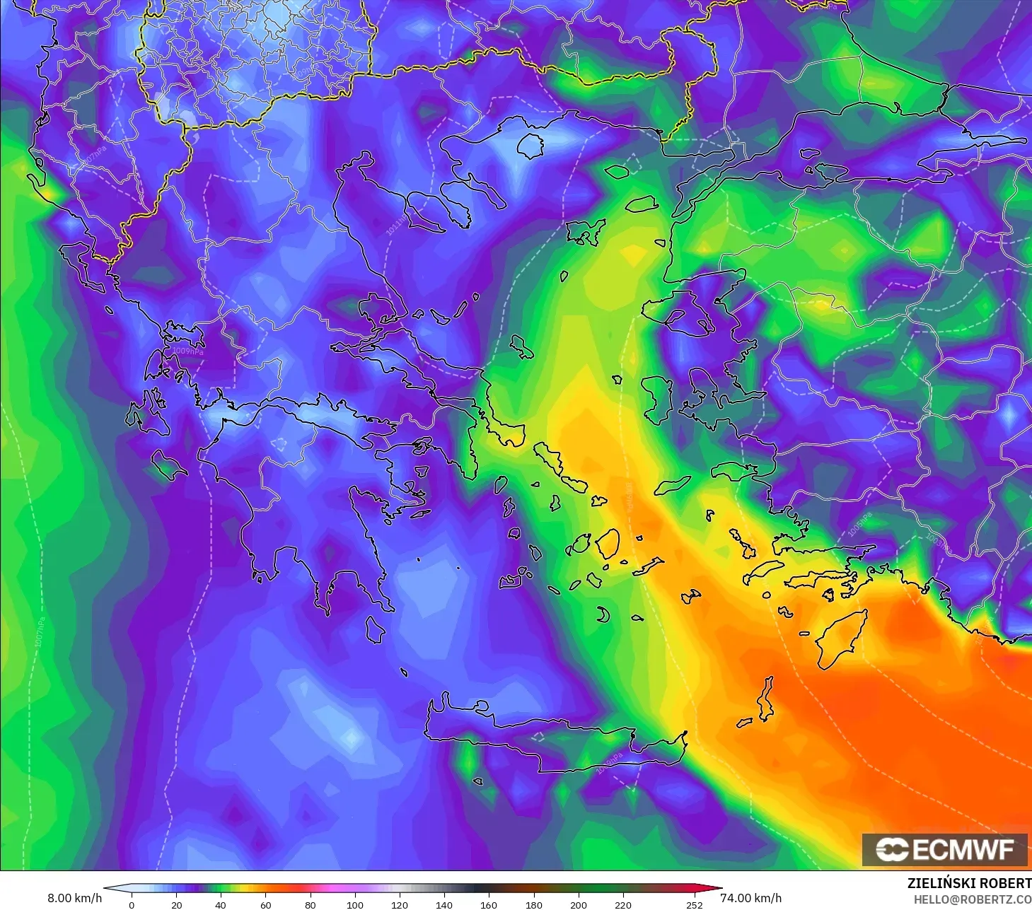 ECMWF IFS 0.25° model - Greece, Wind Gusts