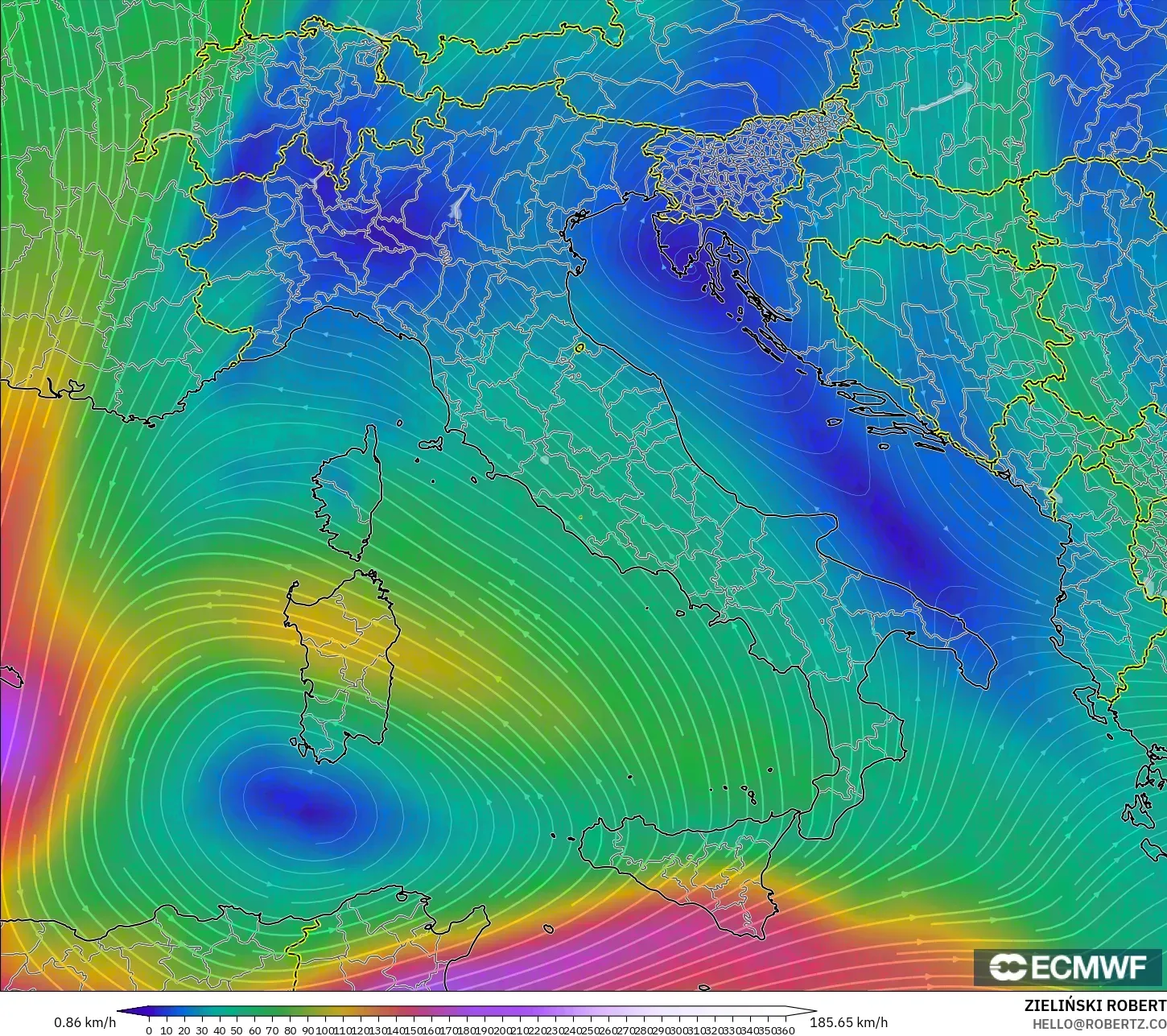 ECMWF IFS 0.25° model - Italy, Wind at 300hPa (jet stream)