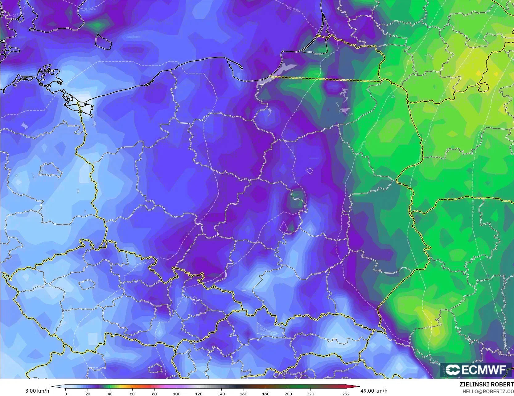 ECMWF IFS 0.25° model - Poland, Wind Gusts Peak