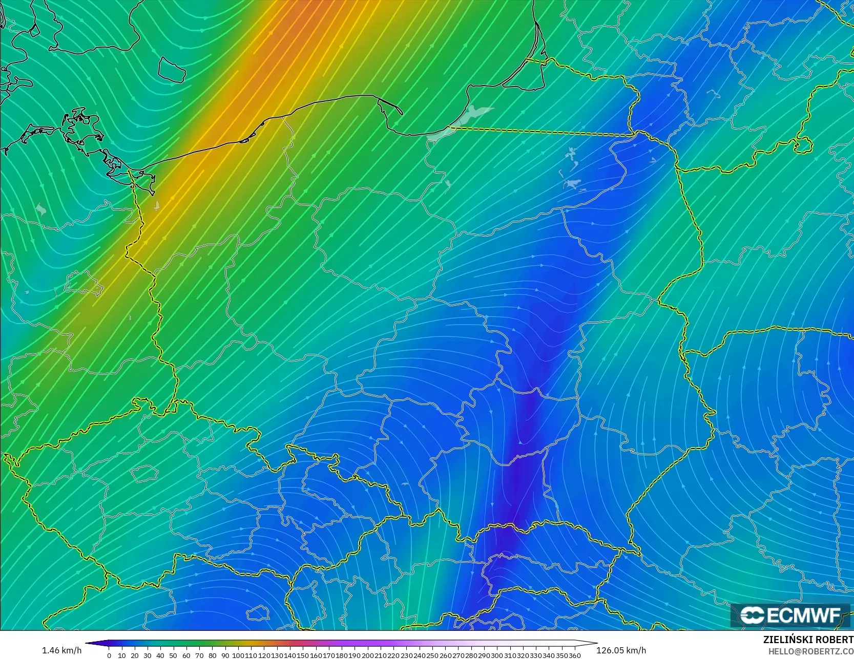 ECMWF IFS 0.25° model - Poland, Wind at 300hPa (jet stream)
