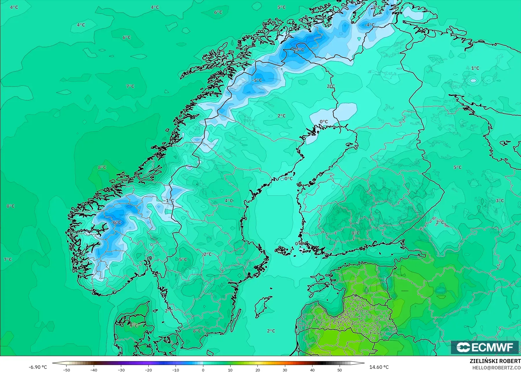 ECMWF IFS 0.25° model - Scandinavia, Temperature at 2m