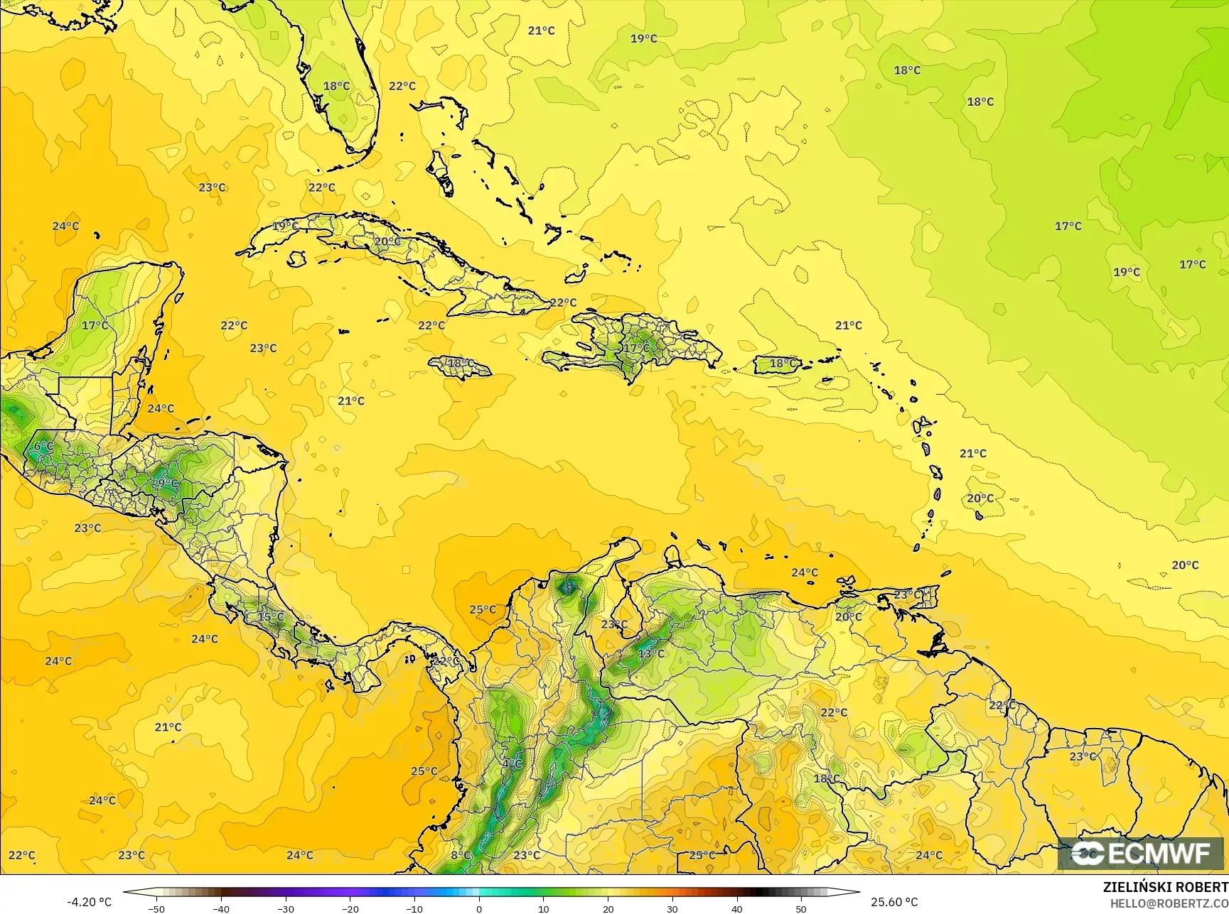 ECMWF IFS 0.25° model - Caribbean, Dewpoint at 2m