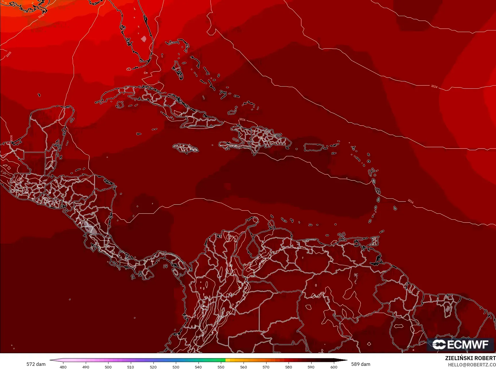 ECMWF IFS 0.25° model - Caribbean, Geopotential height at 500hPa