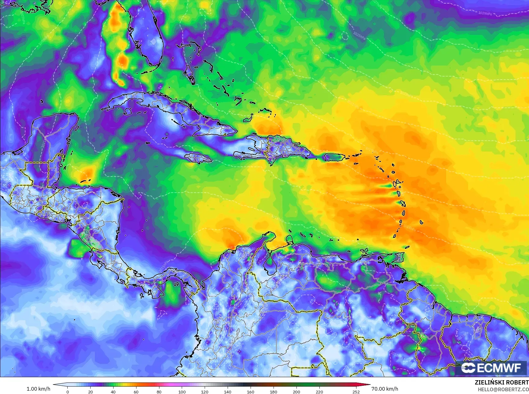 ECMWF IFS 0.25° model - Caribbean, Wind Gusts Peak