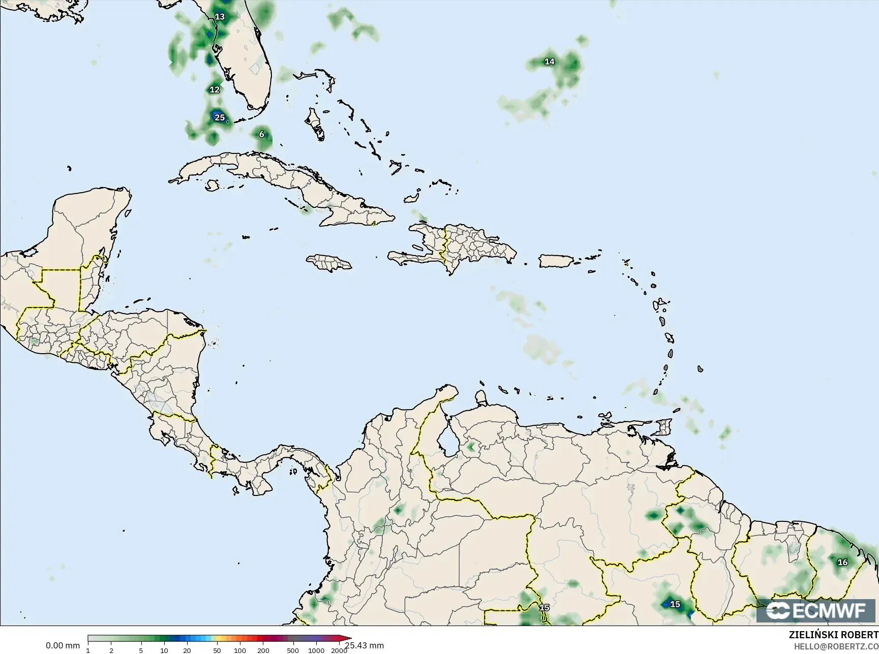 ECMWF IFS 0.25° model - Caribbean, Precipitation Accumulation