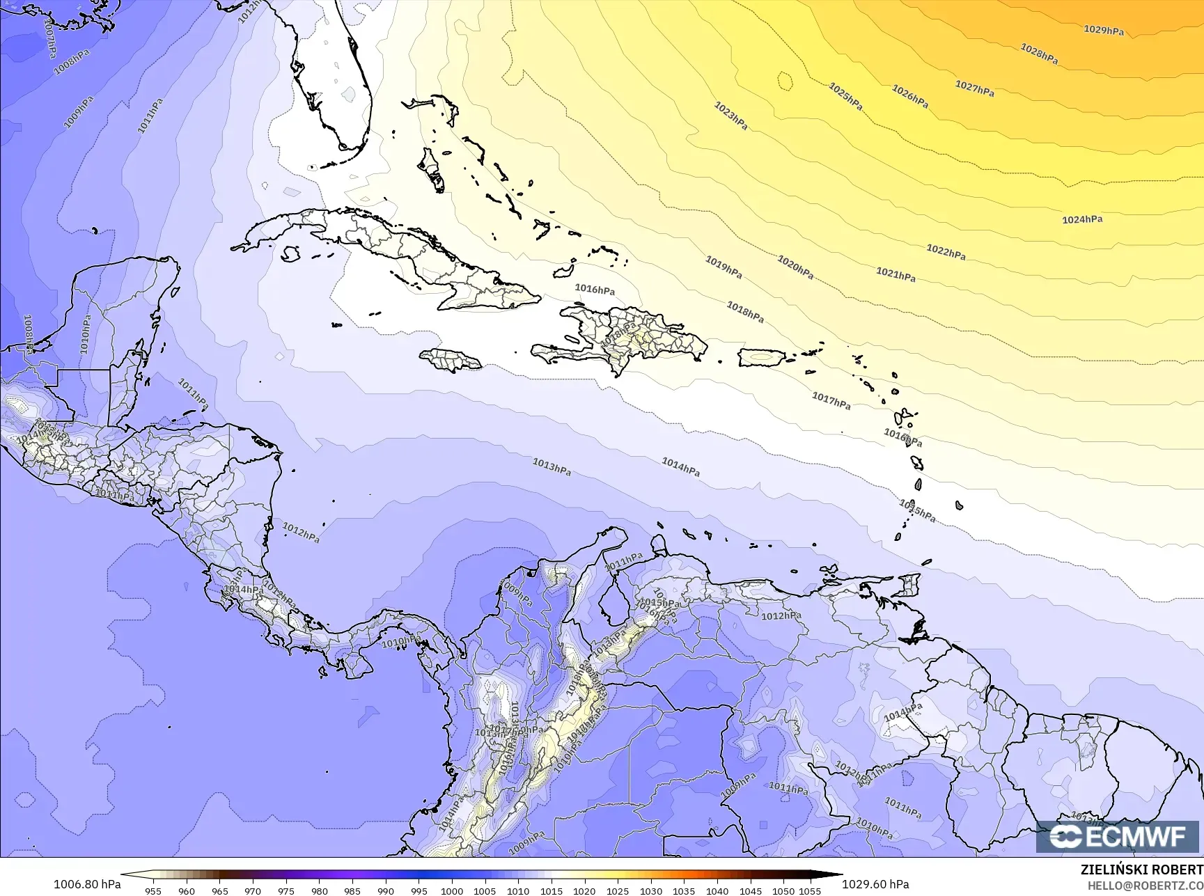 ECMWF IFS 0.25° model - Caribbean, Pressure