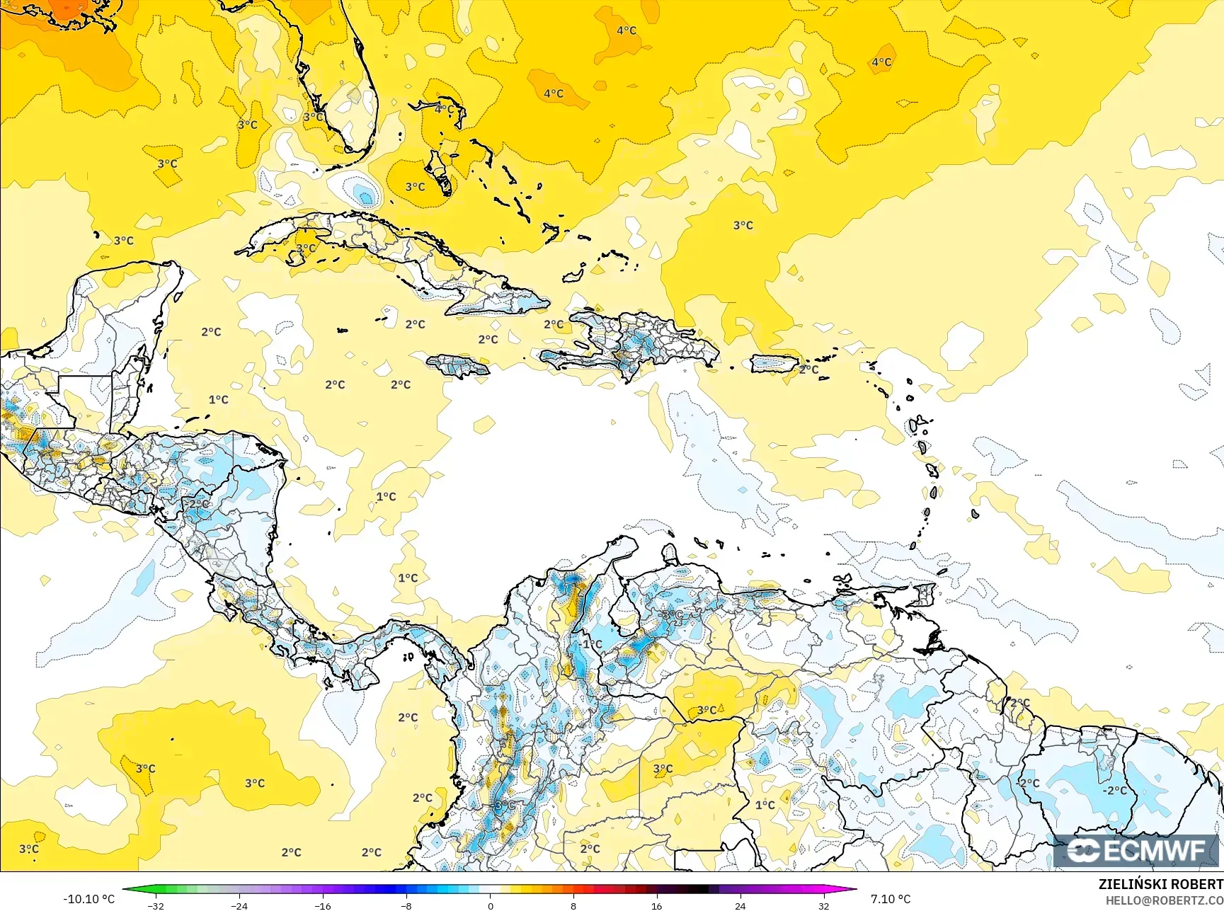 ECMWF IFS 0.25° model - Caribbean, Temperature at 2m Anomaly