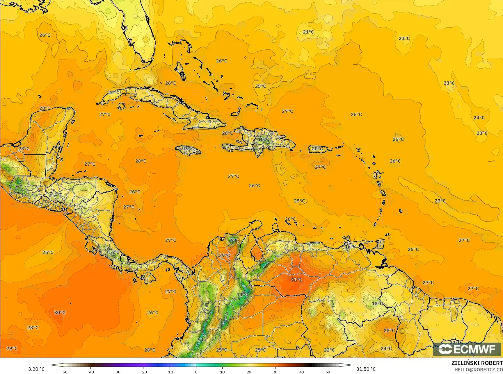 ECMWF IFS 0.25° model - Caribbean, Temperature at 2m