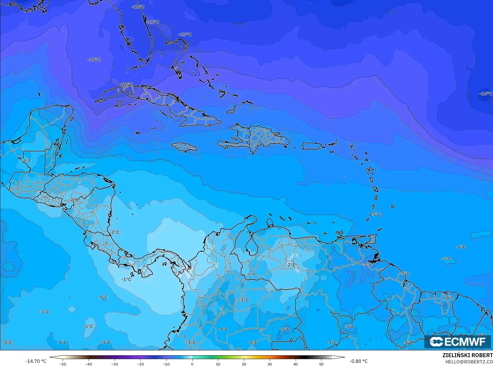 ECMWF IFS 0.25° model - Caribbean, Temperature at 500hPa
