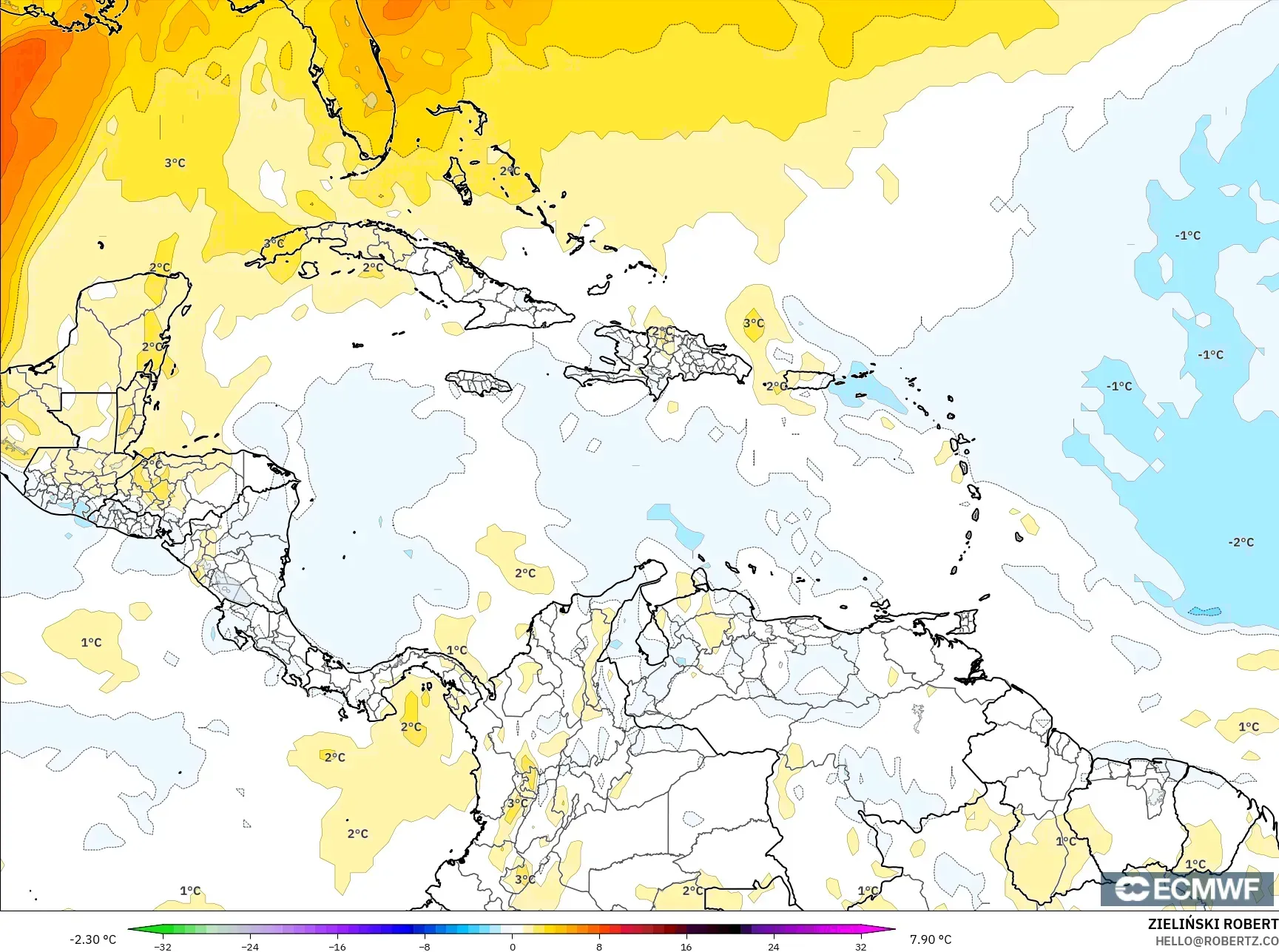 ECMWF IFS 0.25° model - Caribbean, Temperature at 850hPa Anomaly