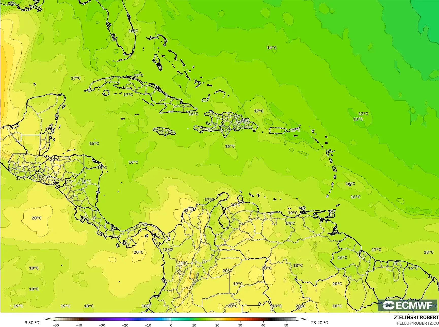 ECMWF IFS 0.25° model - Caribbean, Temperature at 850hPa