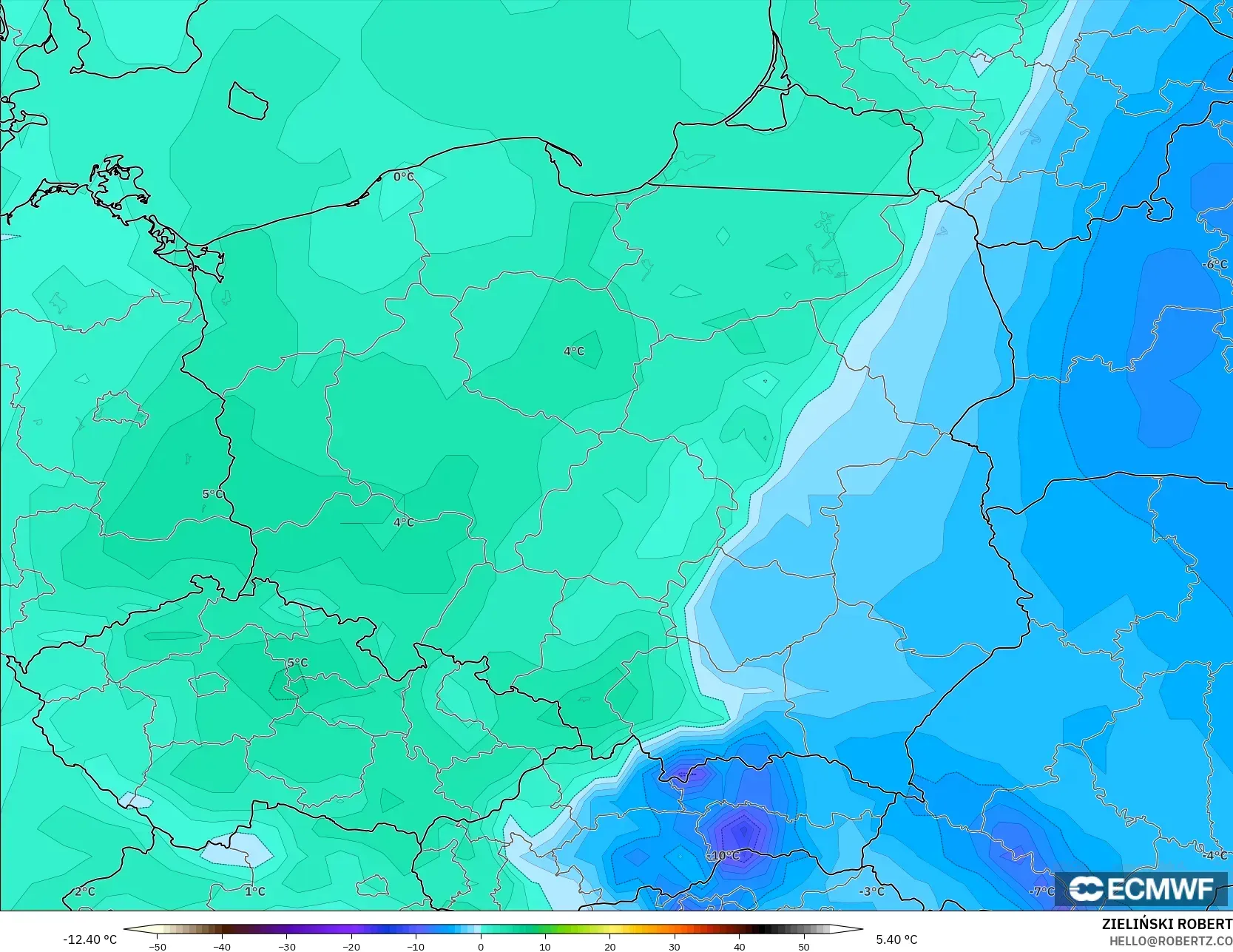ECMWF IFS 0.25° model - Poland, Dewpoint at 2m