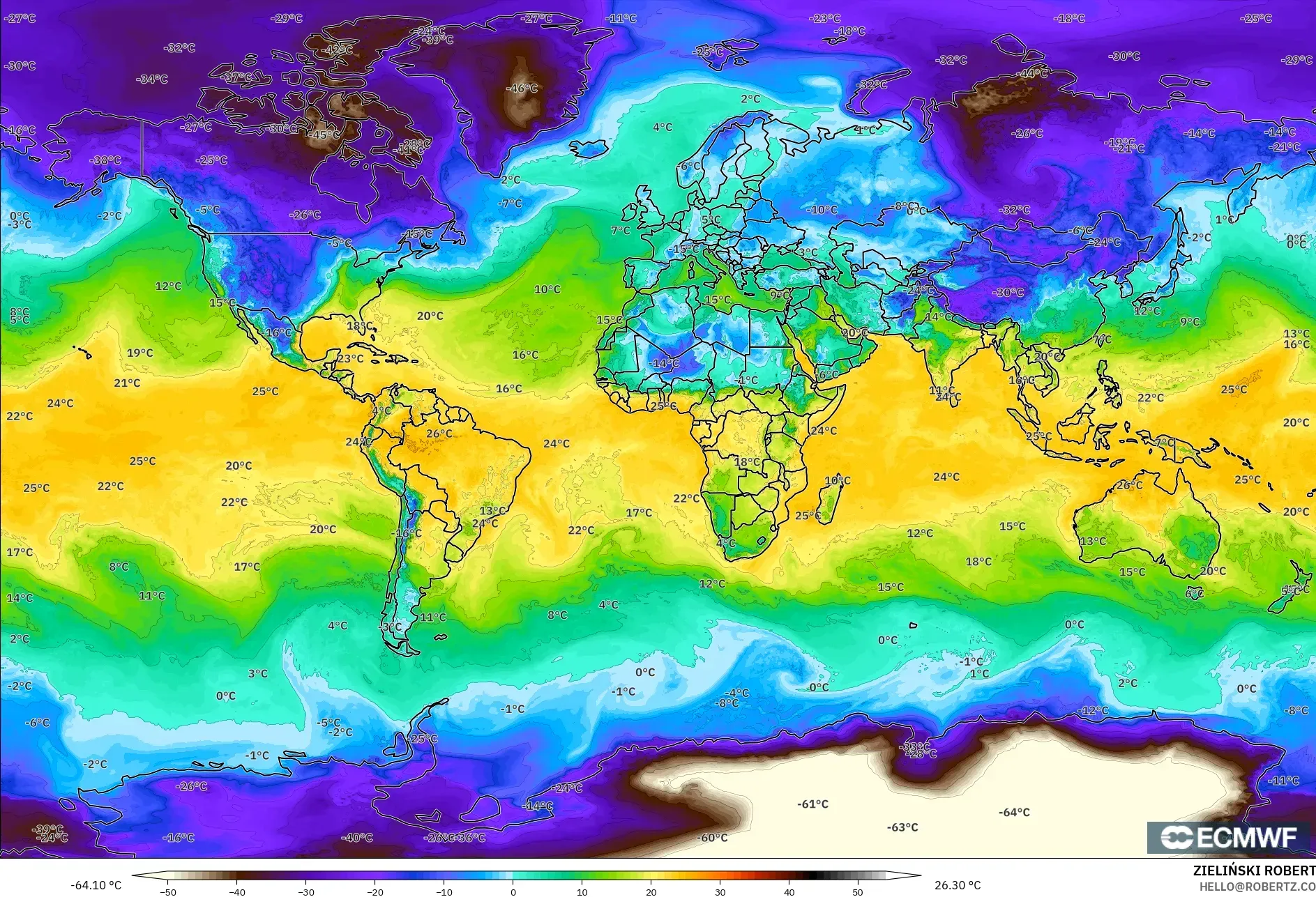 ECMWF IFS 0.25° model - World, Dewpoint at 2m