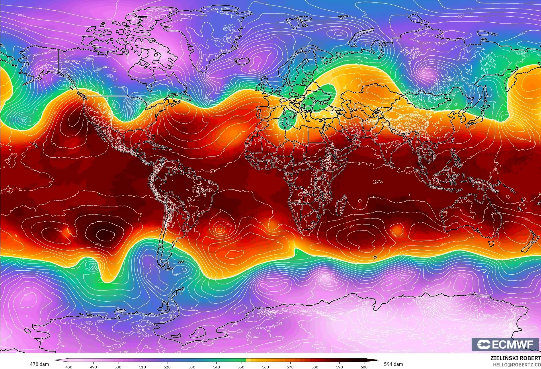 ECMWF IFS 0.25° model - World, Geopotential height at 500hPa