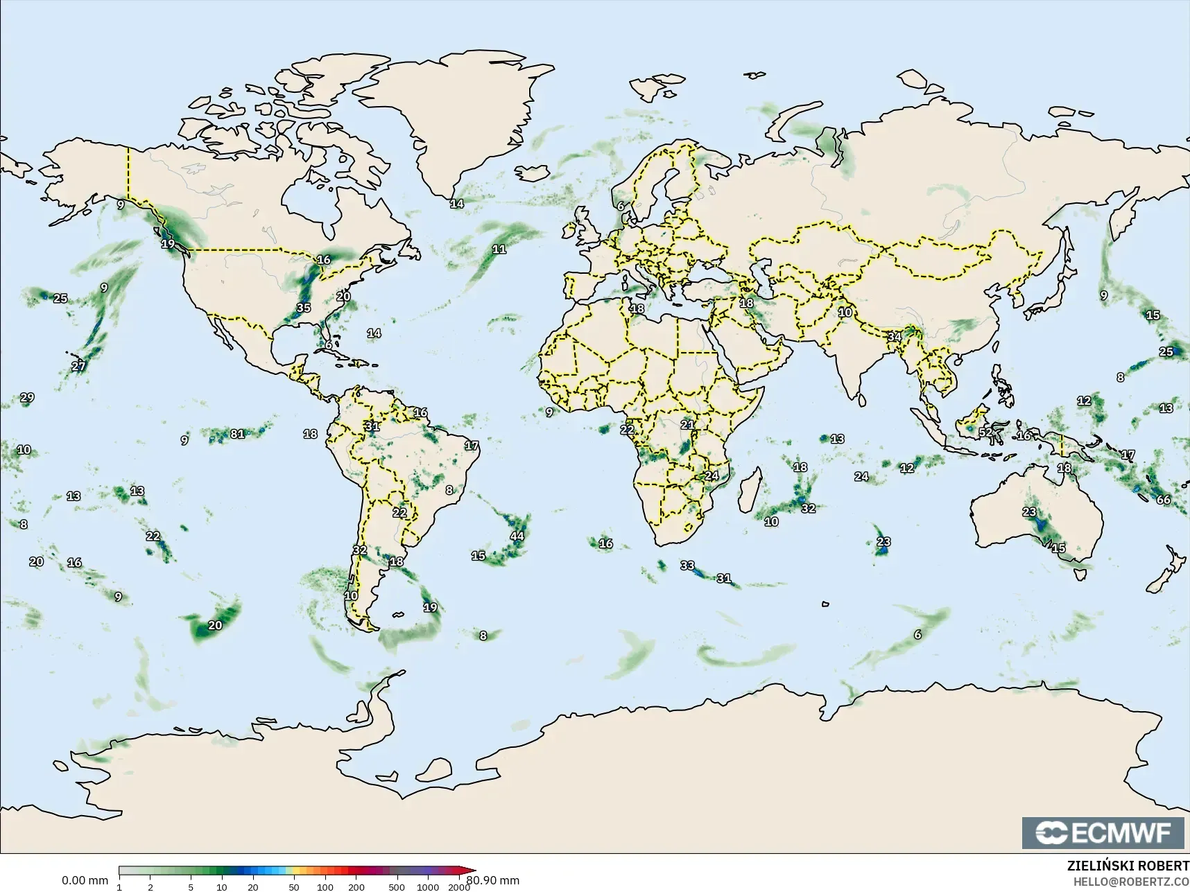ECMWF IFS 0.25° model - World, Precipitation Accumulation