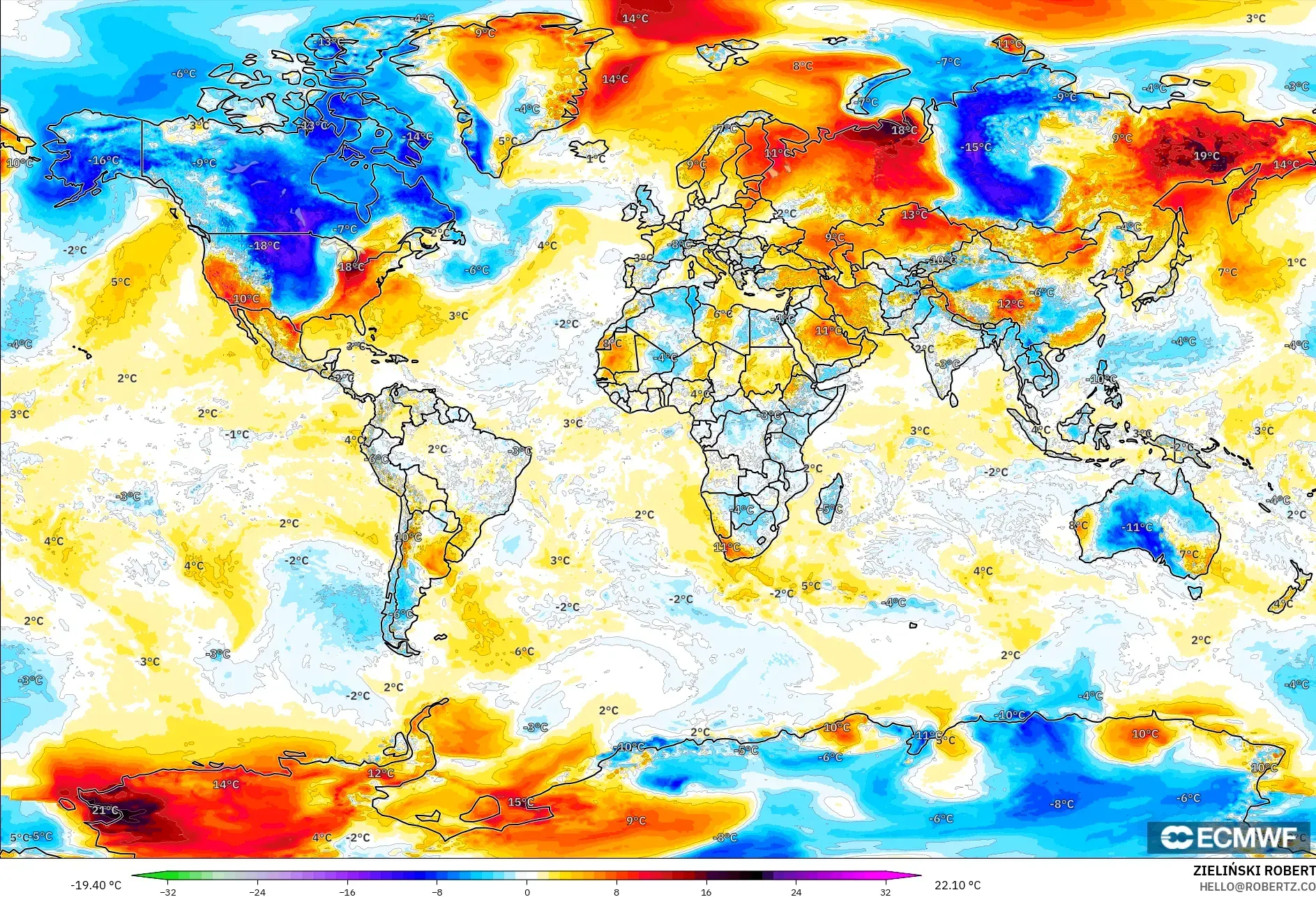 ECMWF IFS 0.25° model - World, Temperature at 2m Anomaly