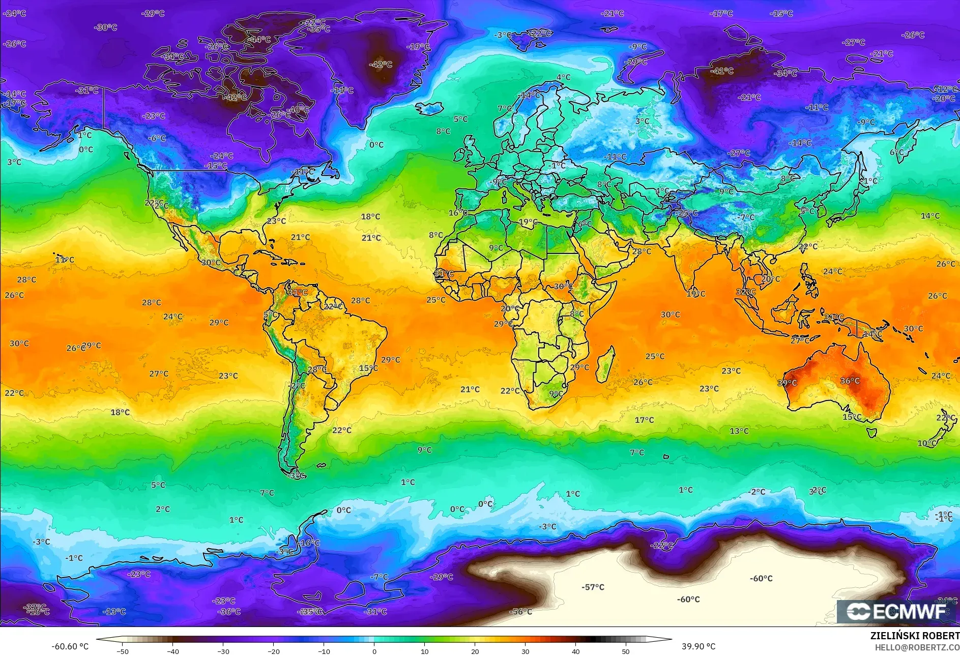 ECMWF IFS 0.25° model - World, Temperature at 2m