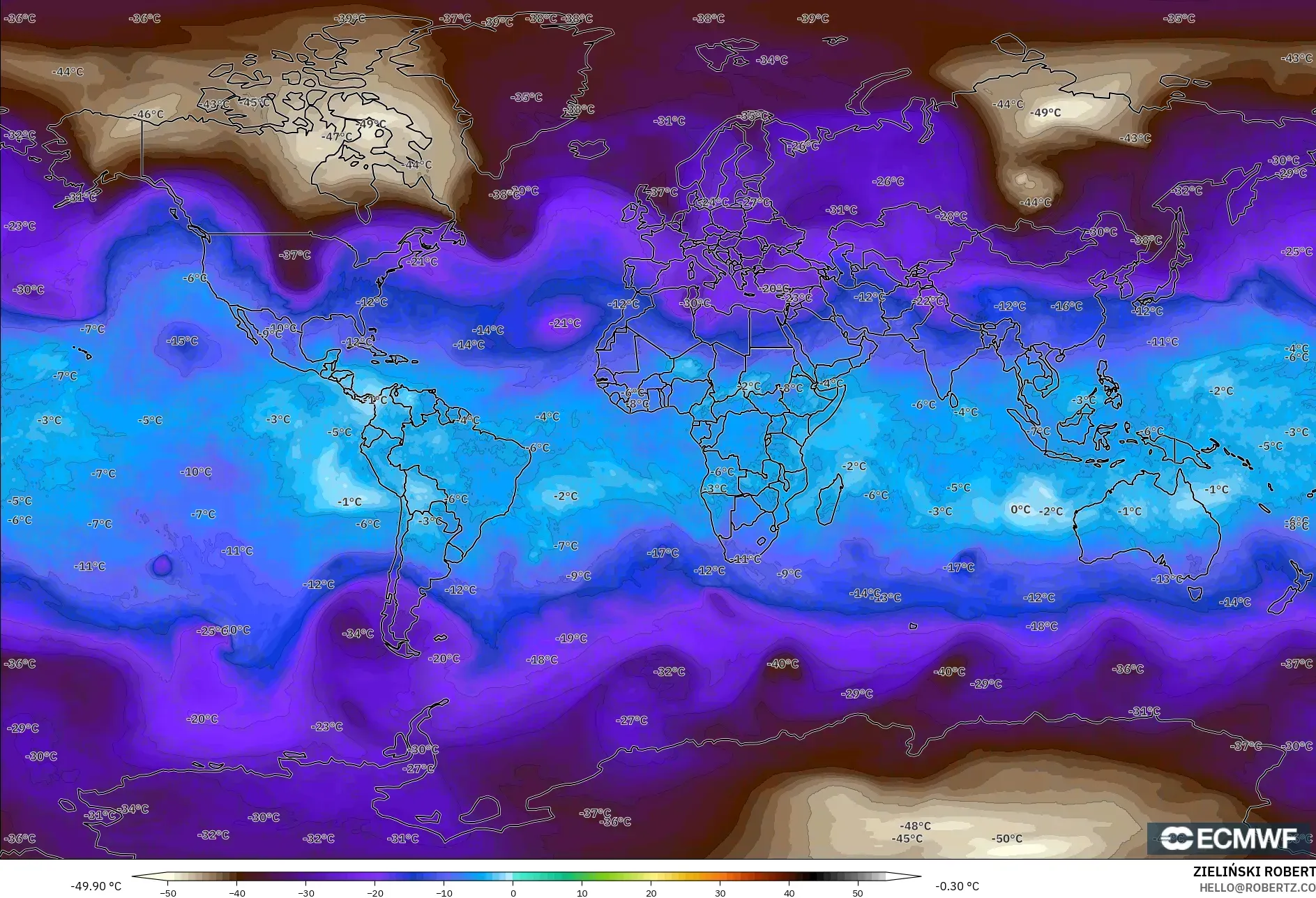 ECMWF IFS 0.25° model - World, Temperature at 500hPa
