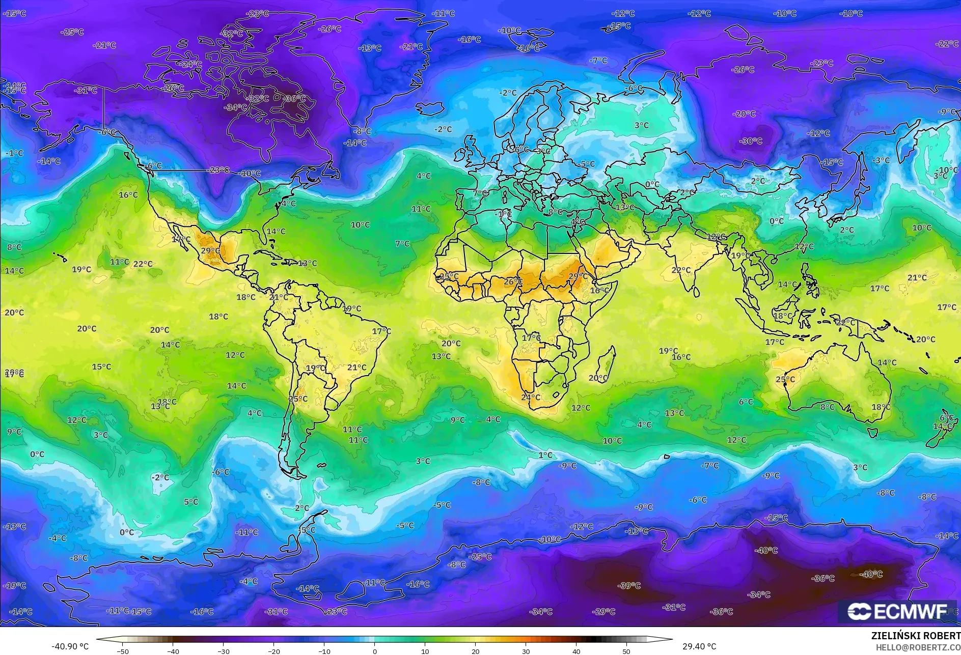 ECMWF IFS 0.25° model - World, Temperature at 850hPa