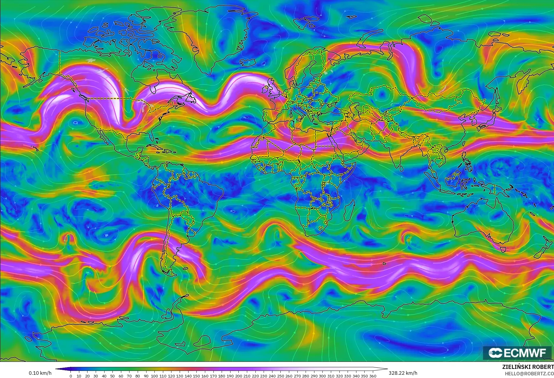 ECMWF IFS 0.25° model - World, Wind at 300hPa (jet stream)