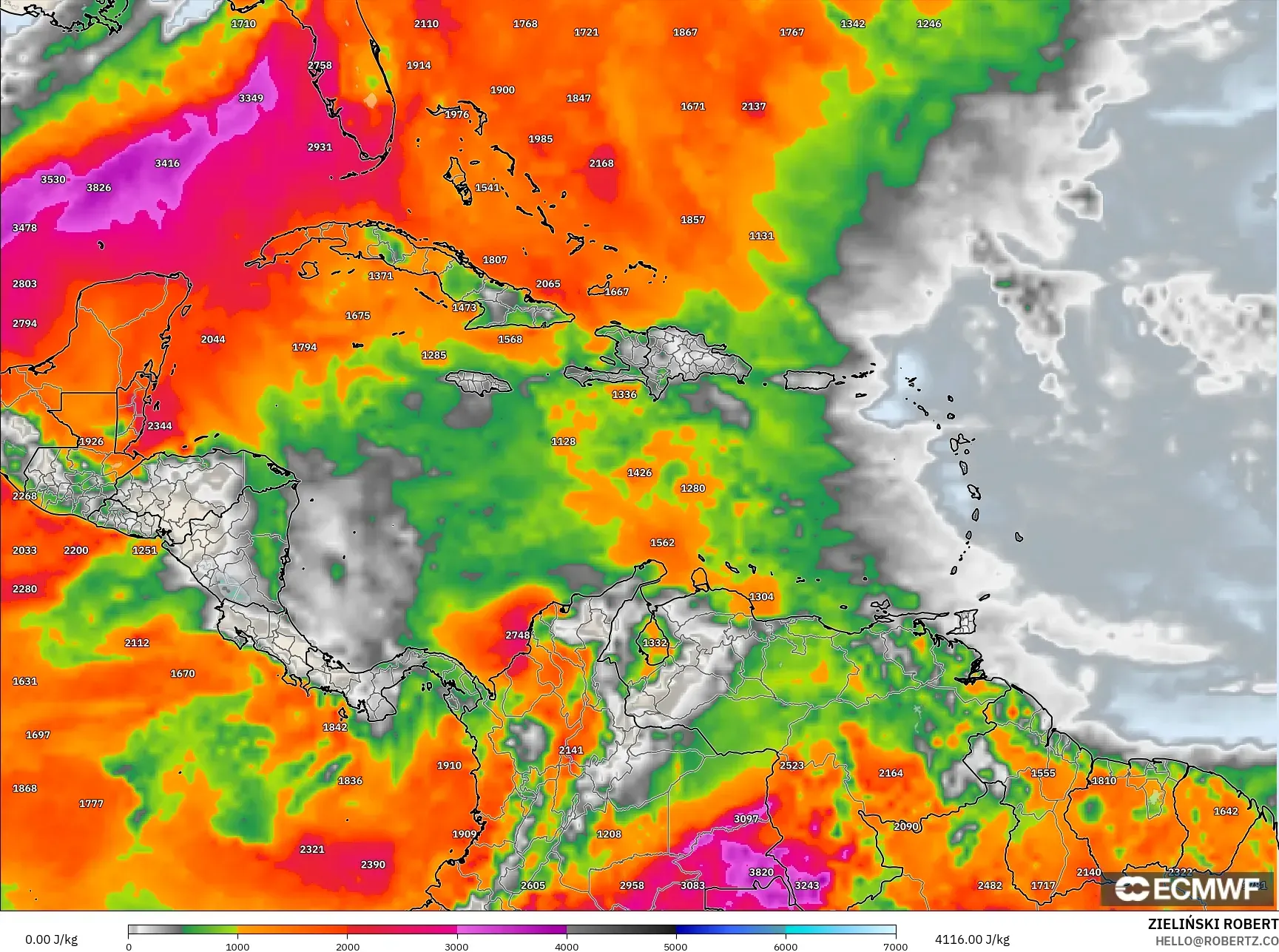ECMWF IFS 0.25° model - Caribbean, CAPE