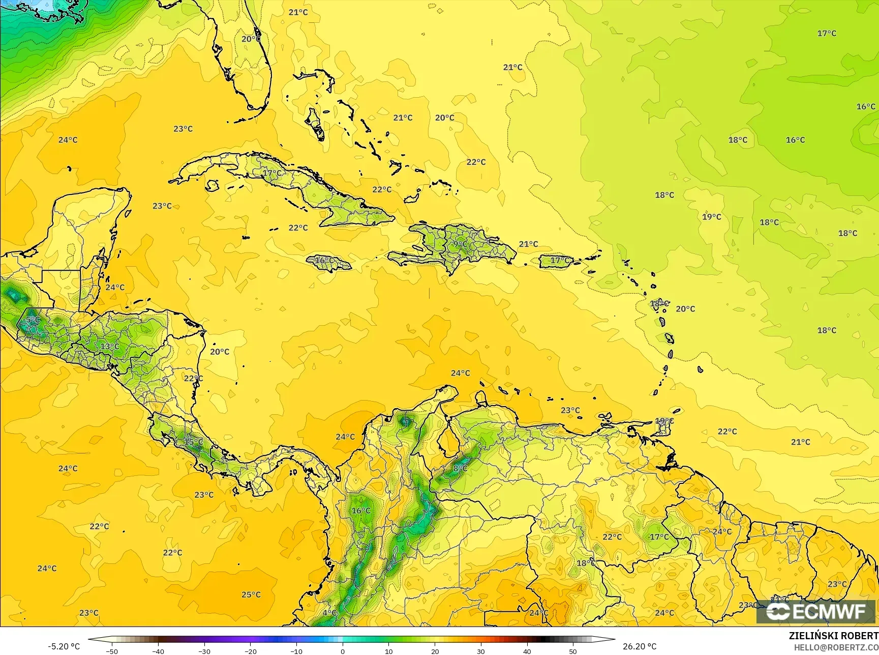 ECMWF IFS 0.25° model - Caribbean, Dewpoint at 2m