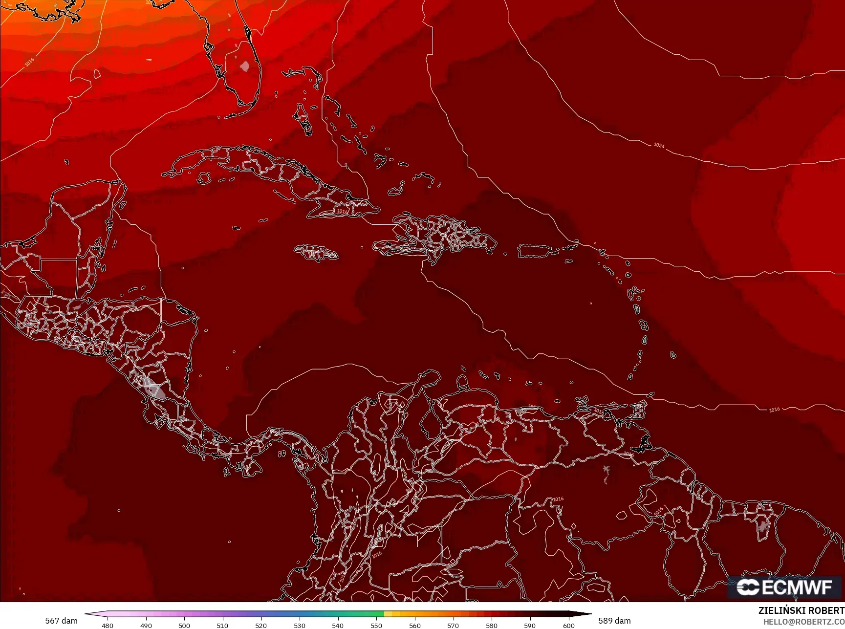 ECMWF IFS 0.25° model - Caribbean, Geopotential height at 500hPa