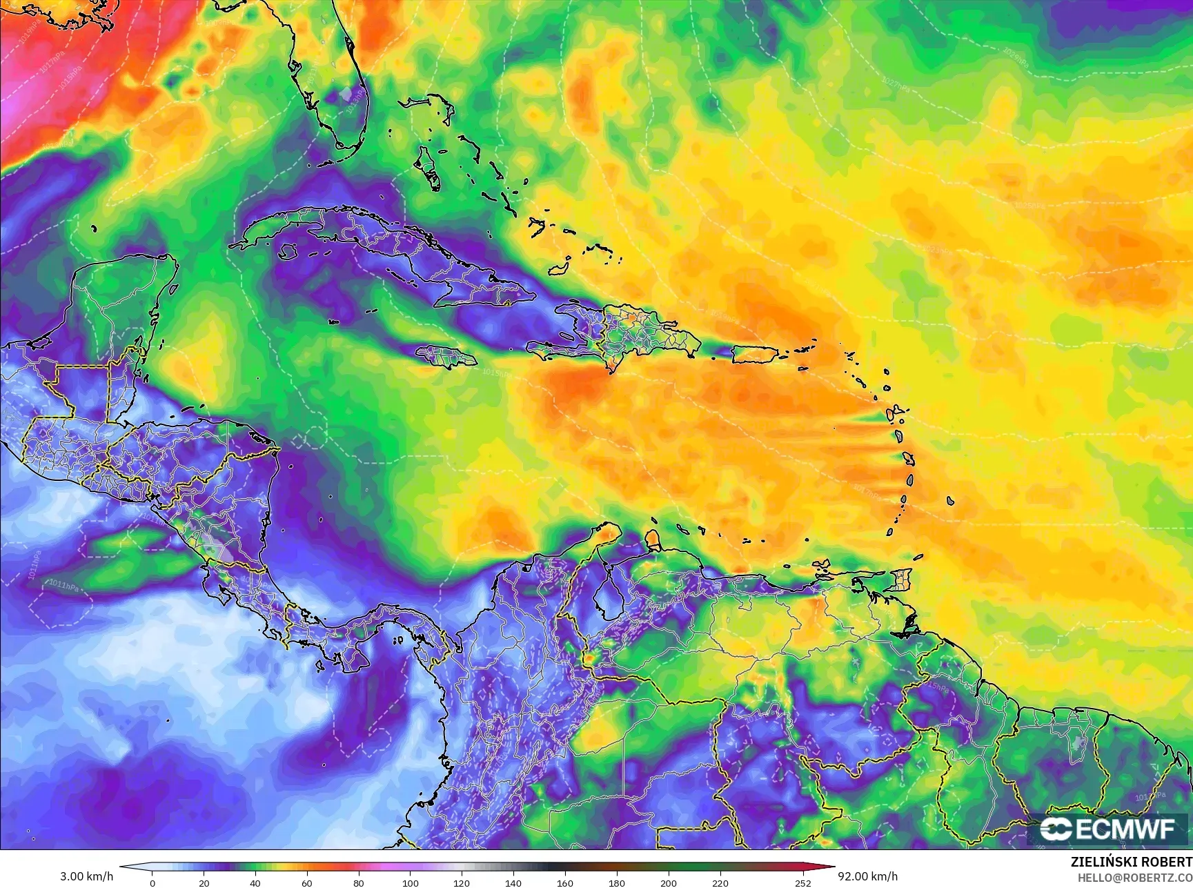 ECMWF IFS 0.25° model - Caribbean, Wind Gusts