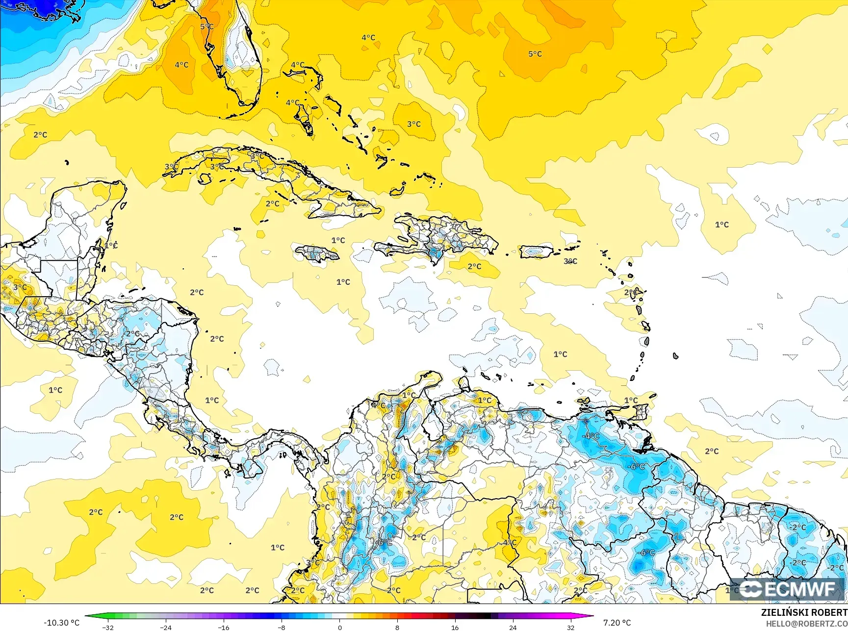 ECMWF IFS 0.25° model - Caribbean, Temperature at 2m Anomaly