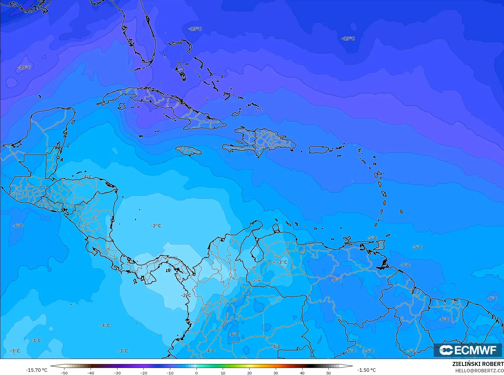 ECMWF IFS 0.25° model - Caribbean, Temperature at 500hPa