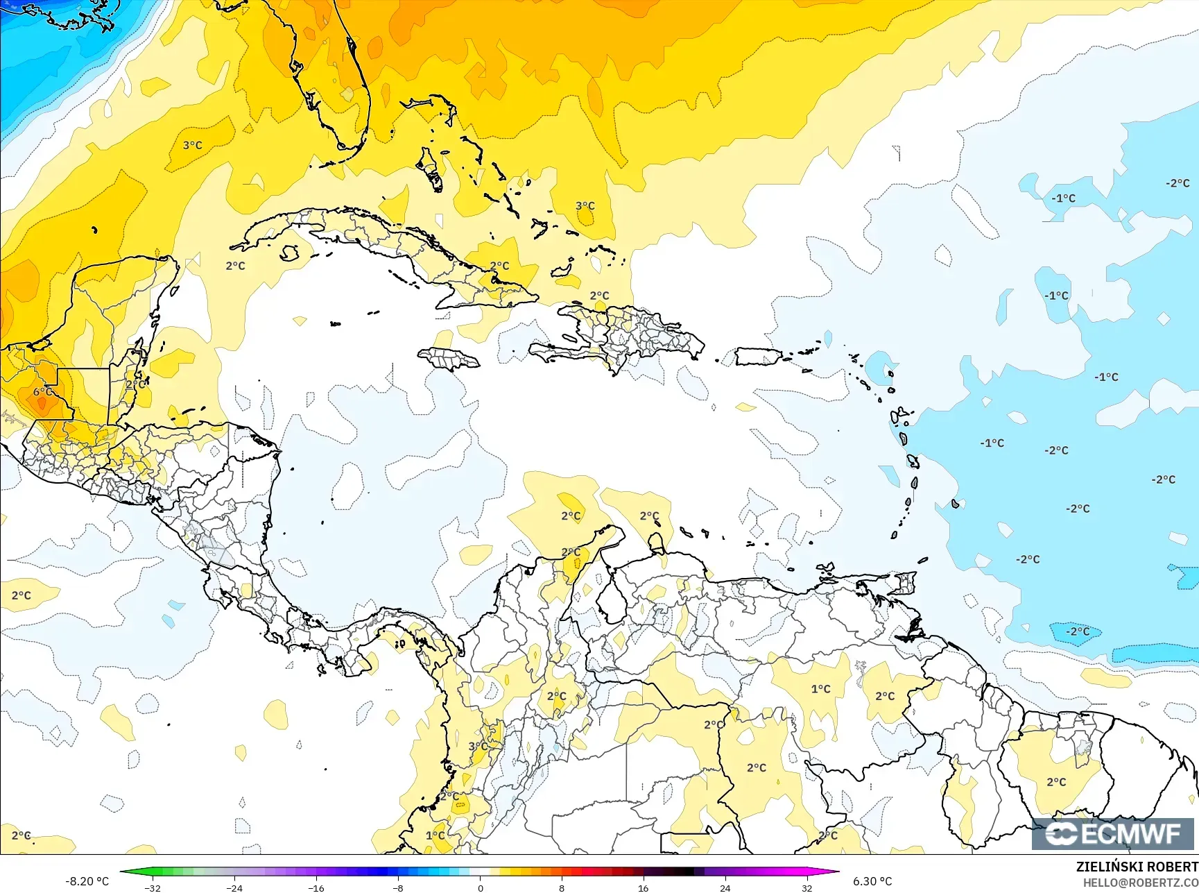 ECMWF IFS 0.25° model - Caribbean, Temperature at 850hPa Anomaly