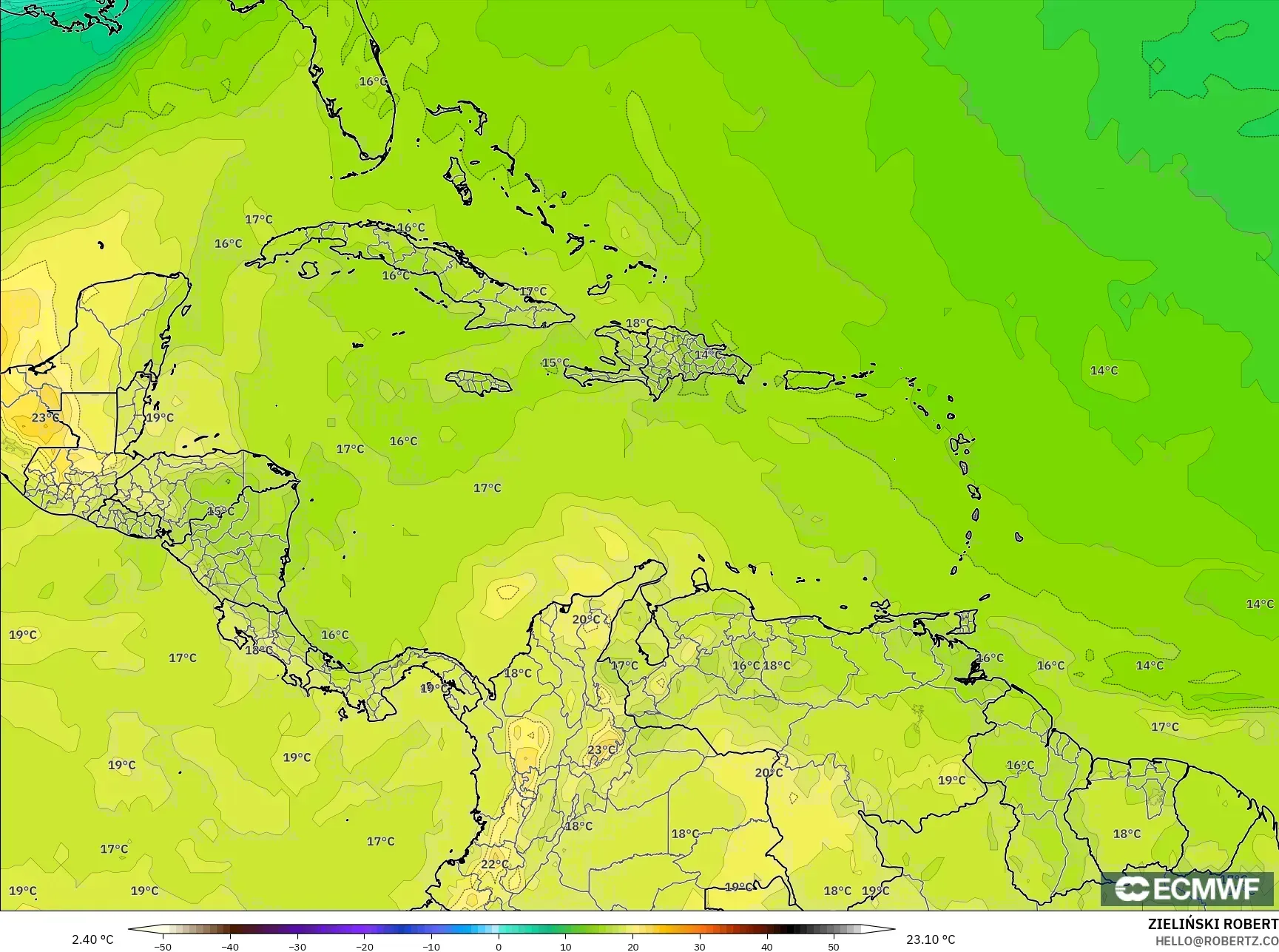 ECMWF IFS 0.25° model - Caribbean, Temperature at 850hPa