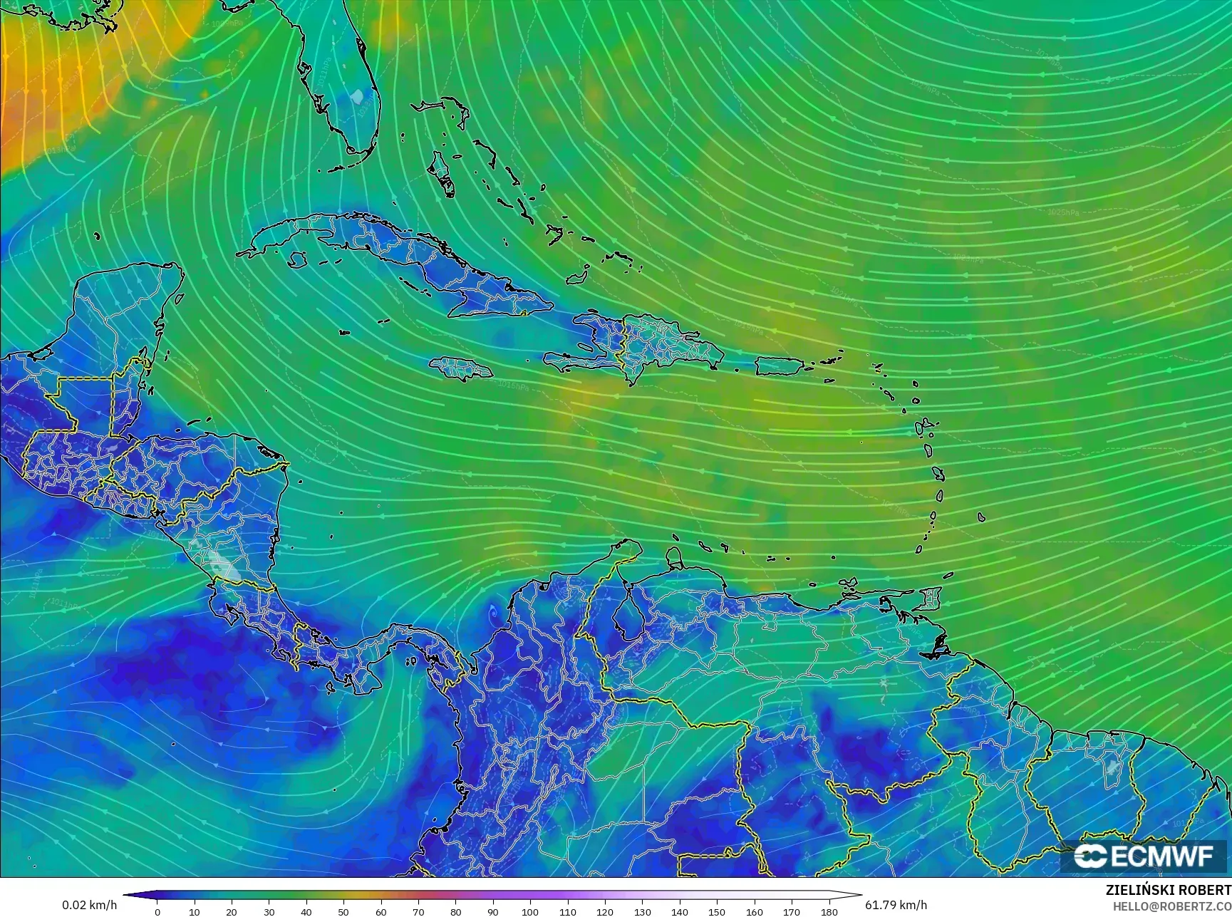 ECMWF IFS 0.25° model - Caribbean, Wind at 10m