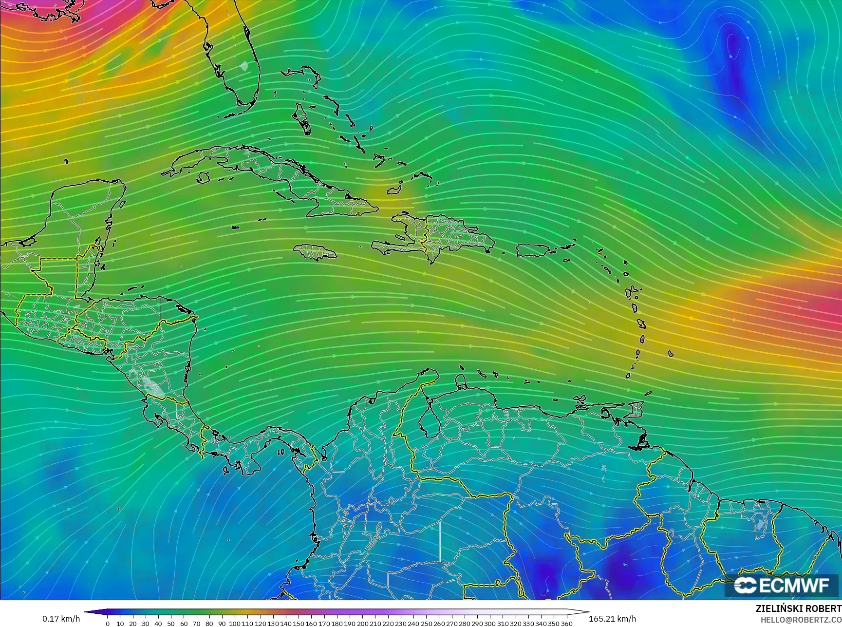 ECMWF IFS 0.25° model - Caribbean, Wind at 300hPa (jet stream)