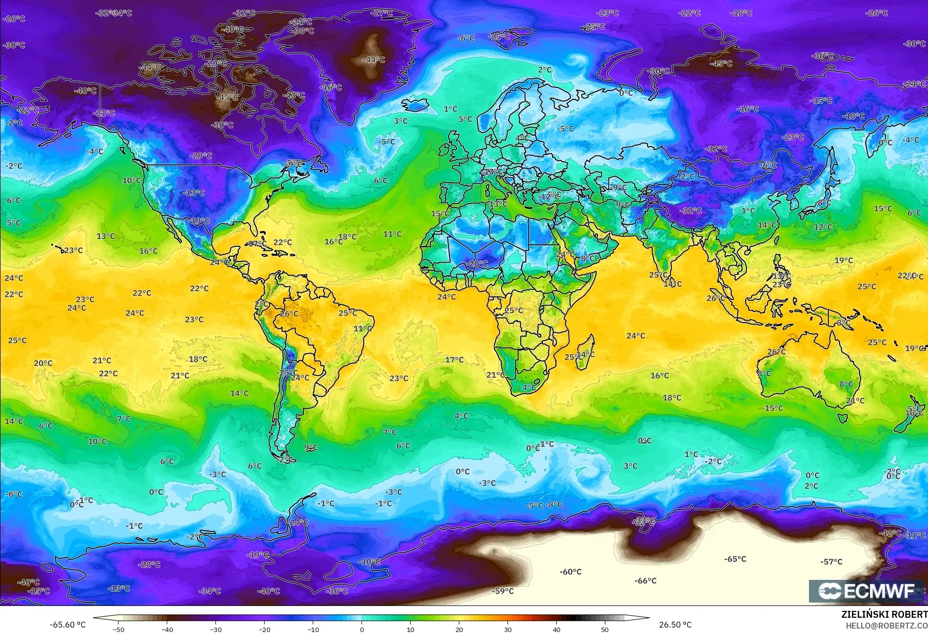 ECMWF IFS 0.25° model - World, Dewpoint at 2m