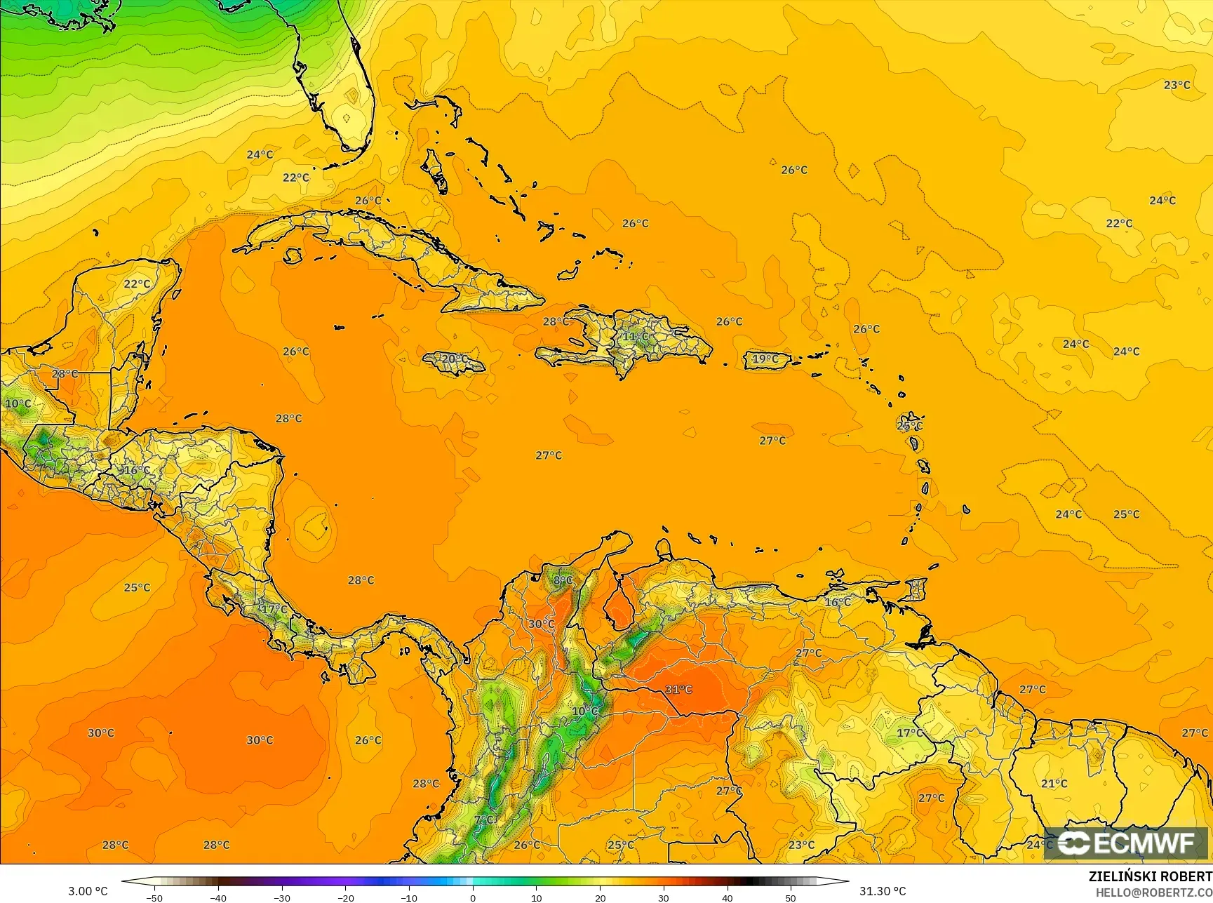 ECMWF IFS 0.25° model - Caribbean, Temperature at 2m