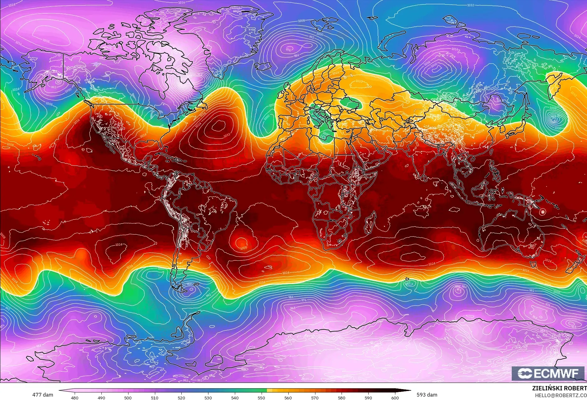 ECMWF IFS 0.25° model - World, Geopotential height at 500hPa