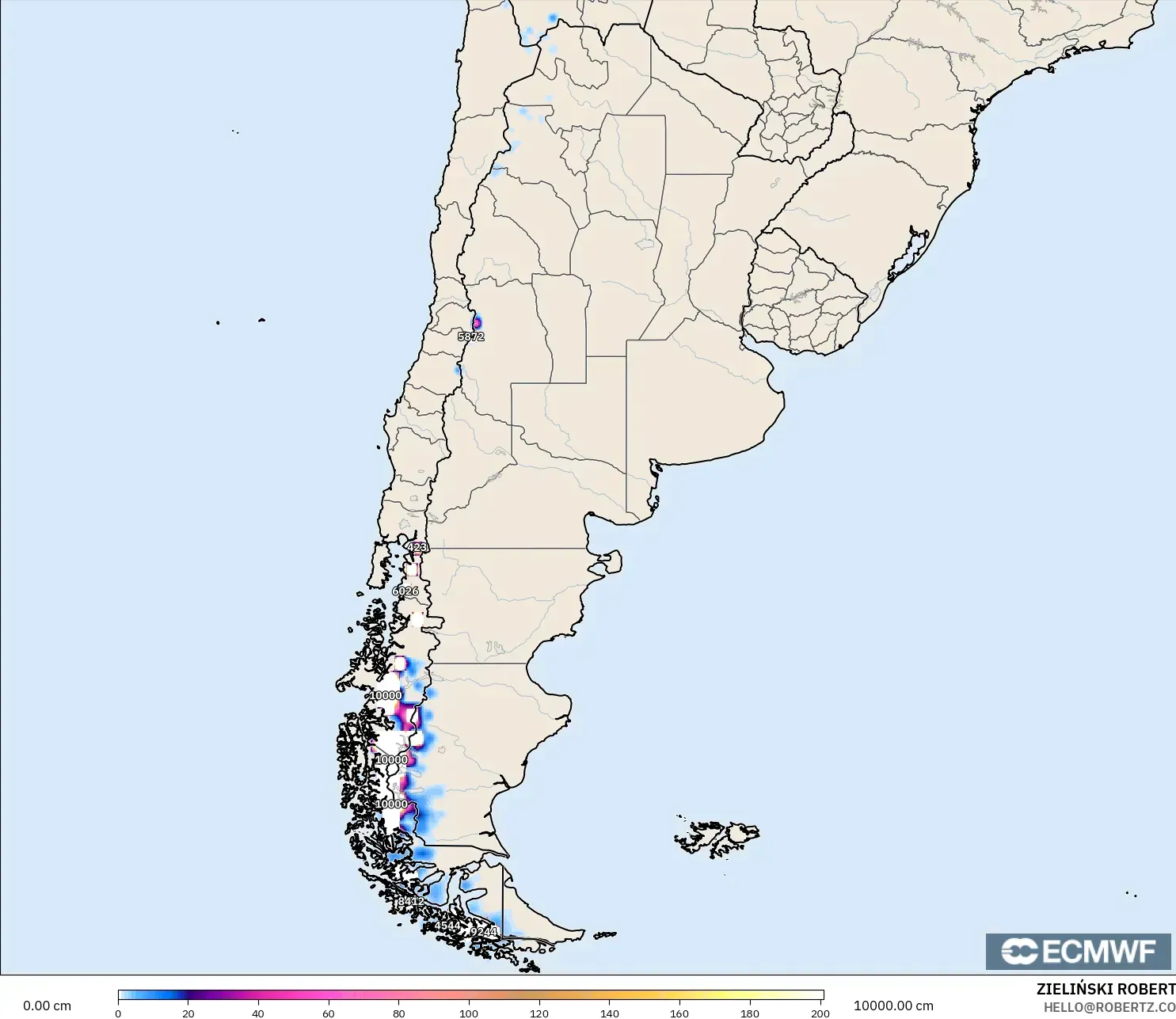 ECMWF IFS 0.25° model - Argentina, Snow Depth