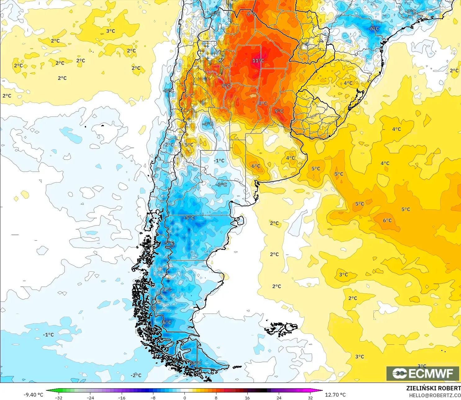 ECMWF IFS 0.25° model - Argentina, Temperature at 2m Anomaly
